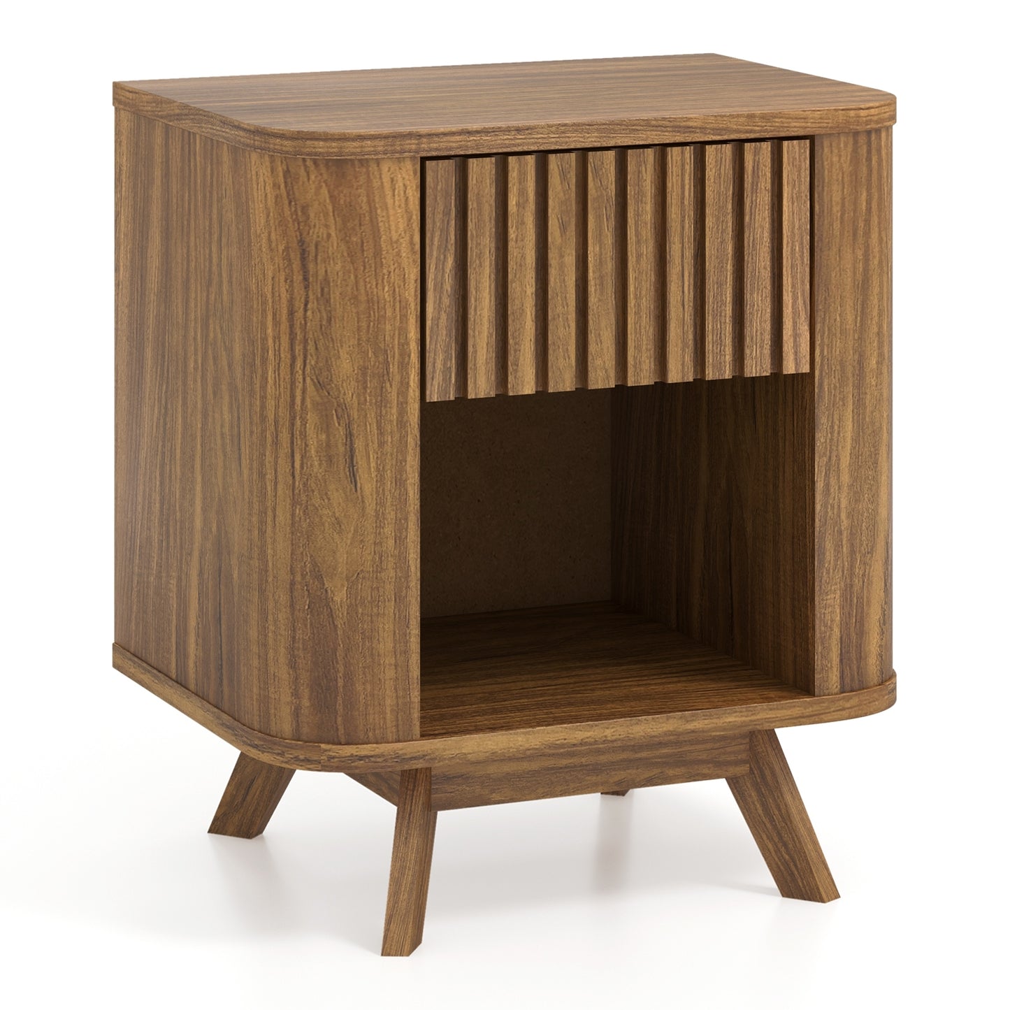 Mid-century Wood Nightstand with Drawer and Open Shelf-Walnut Kids Crystal