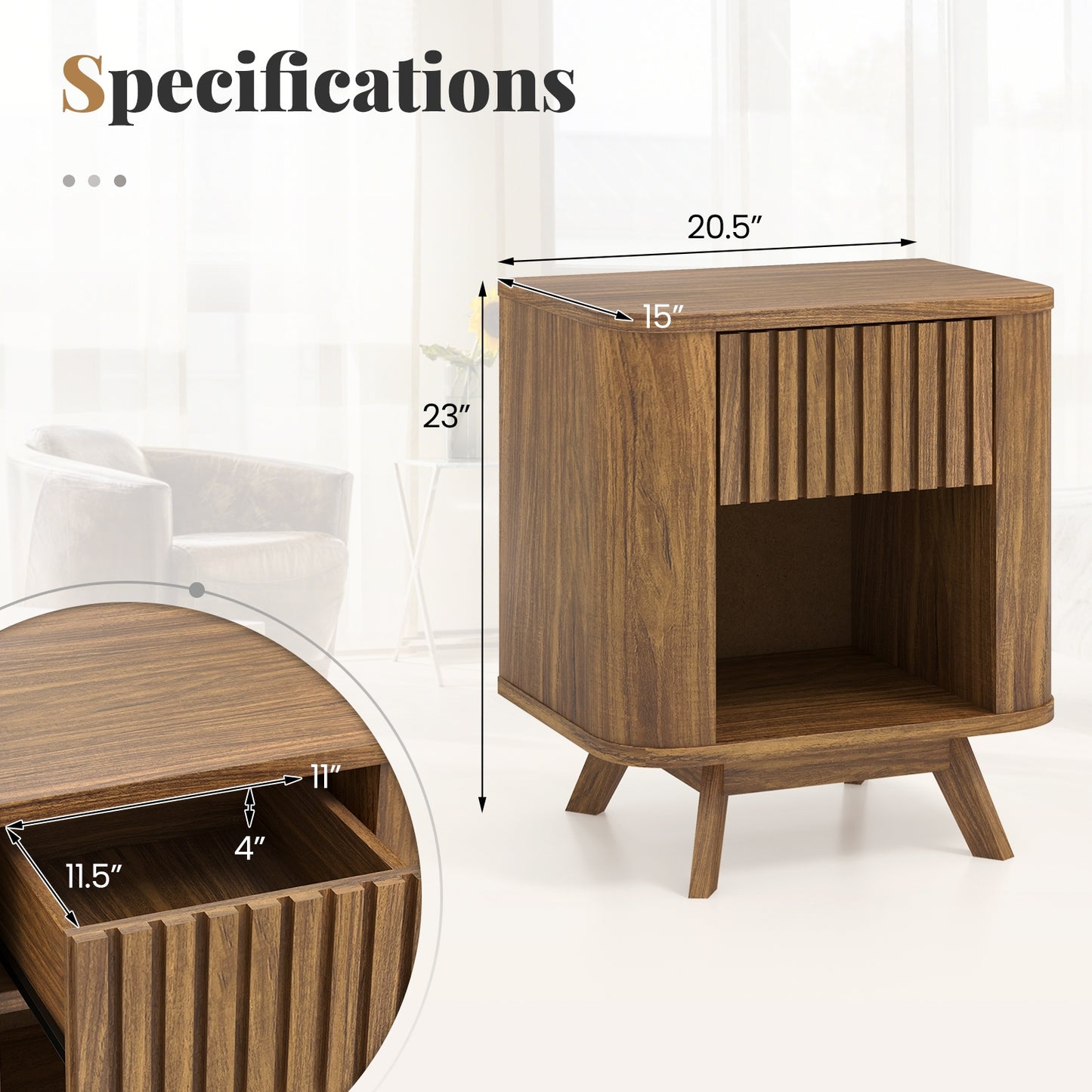 Mid-century Wood Nightstand with Drawer and Open Shelf-Walnut Kids Crystal