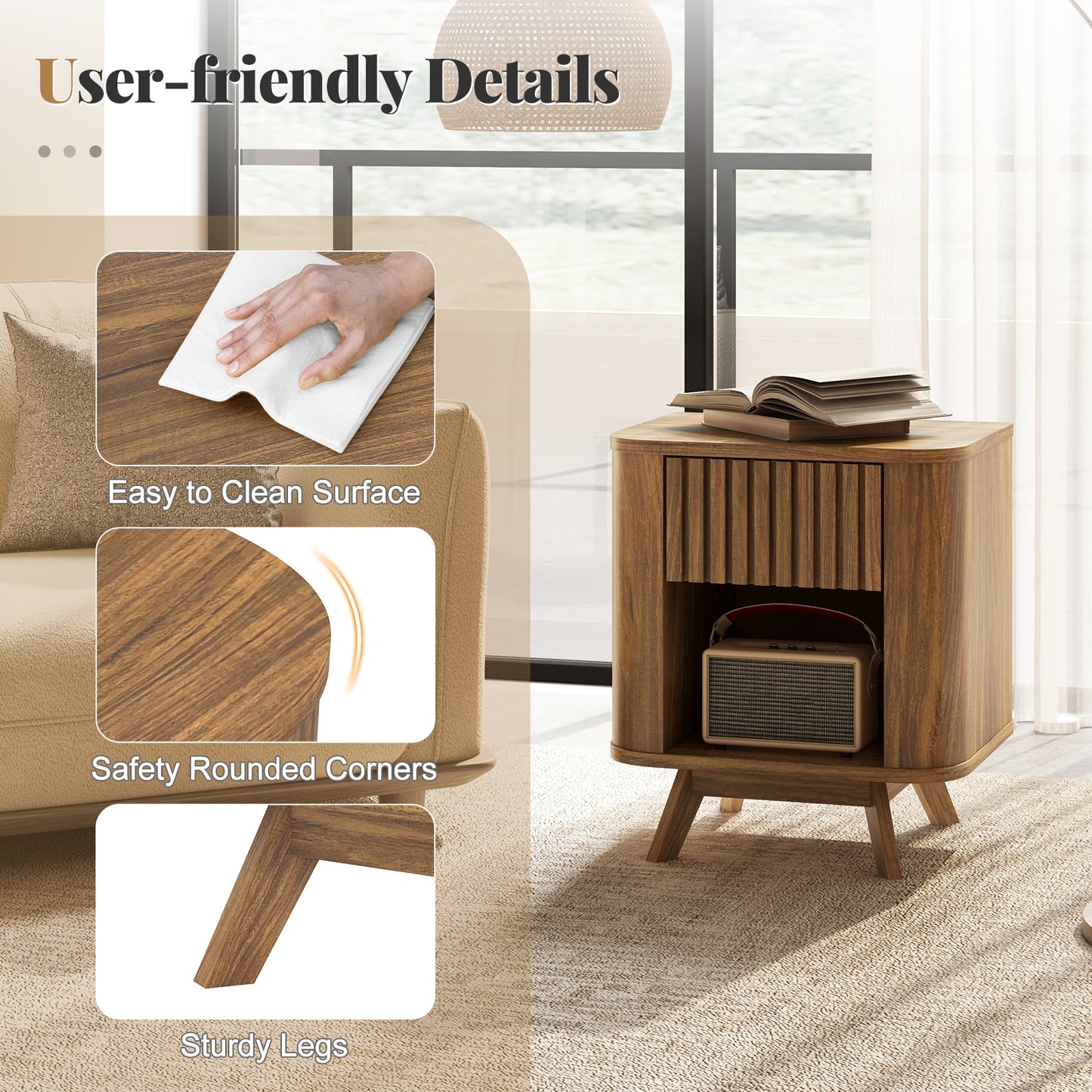 Mid-century Wood Nightstand with Drawer and Open Shelf-Walnut Kids Crystal