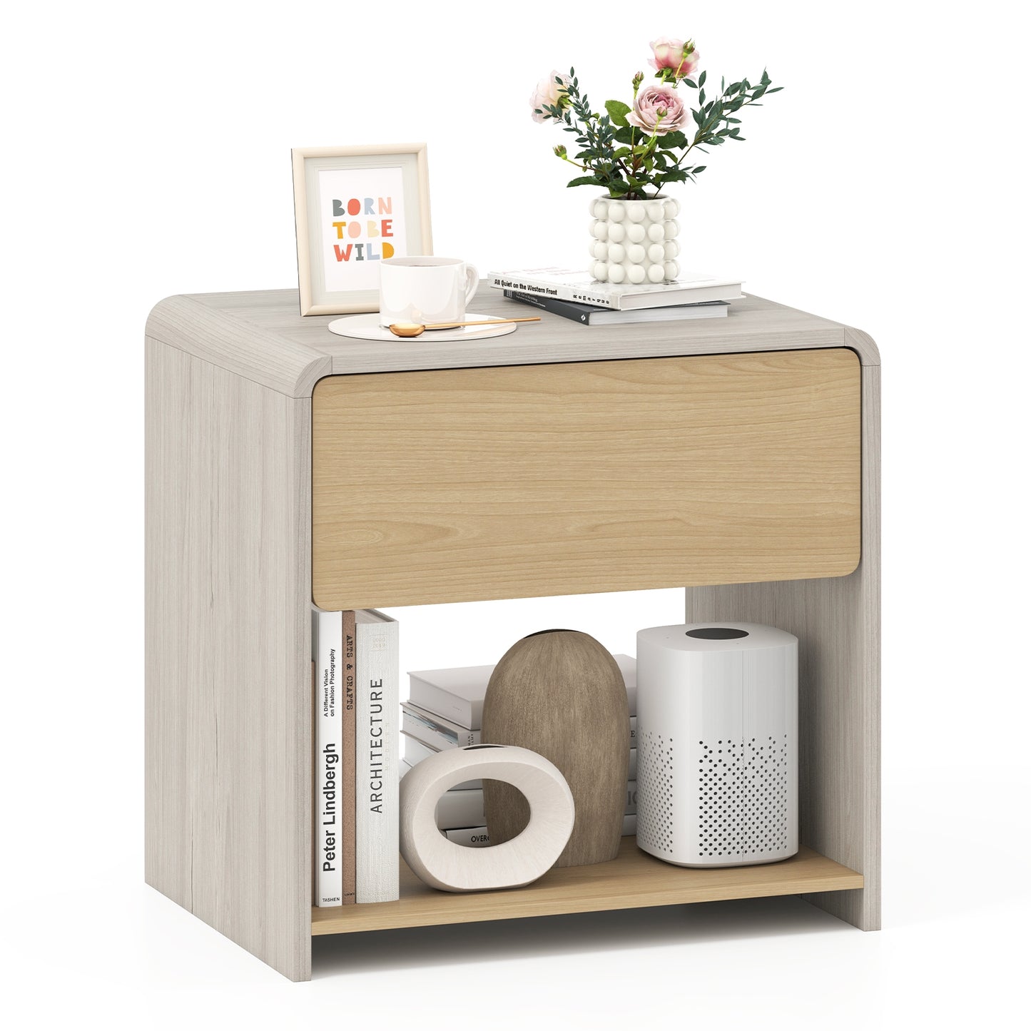 2-Tier Modern Style Nightstand with Drawer and Open Shelf-Oak Kids Crystal