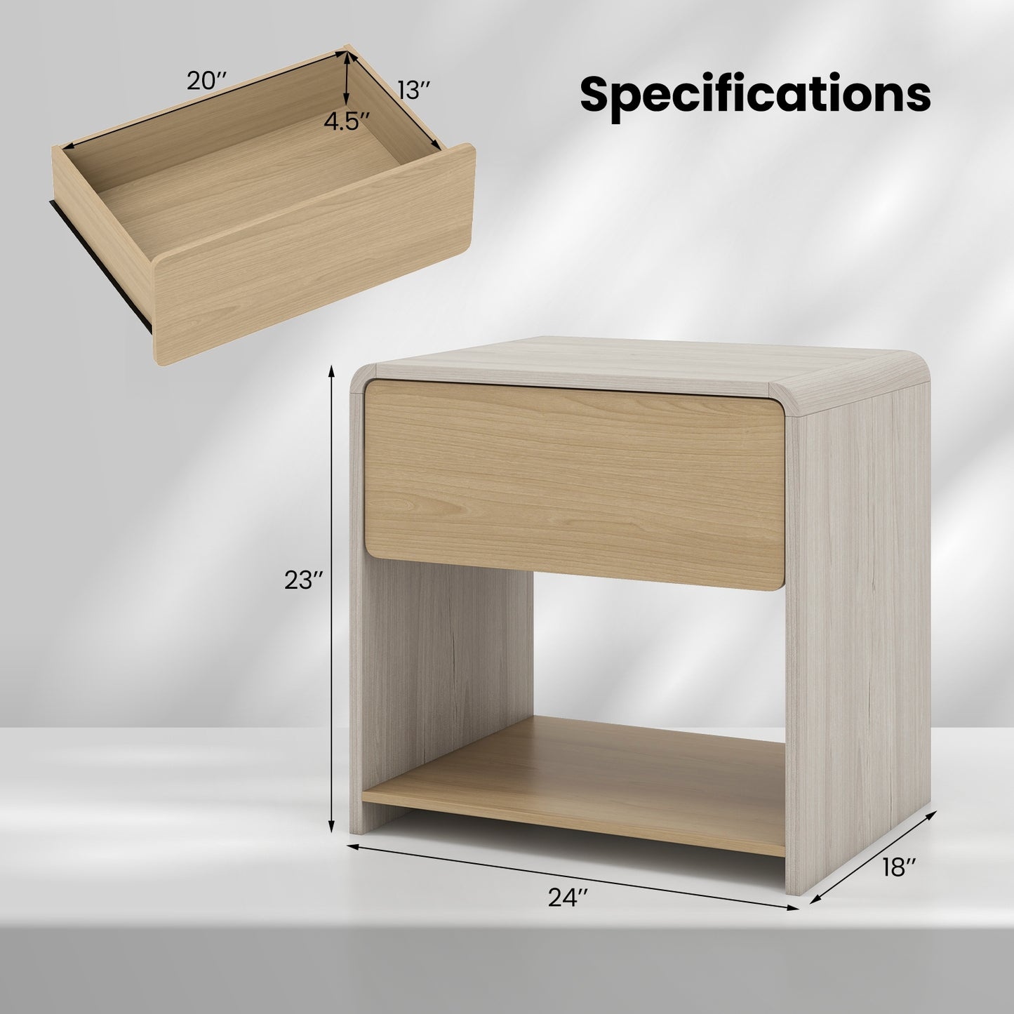 2-Tier Modern Style Nightstand with Drawer and Open Shelf-Oak Kids Crystal
