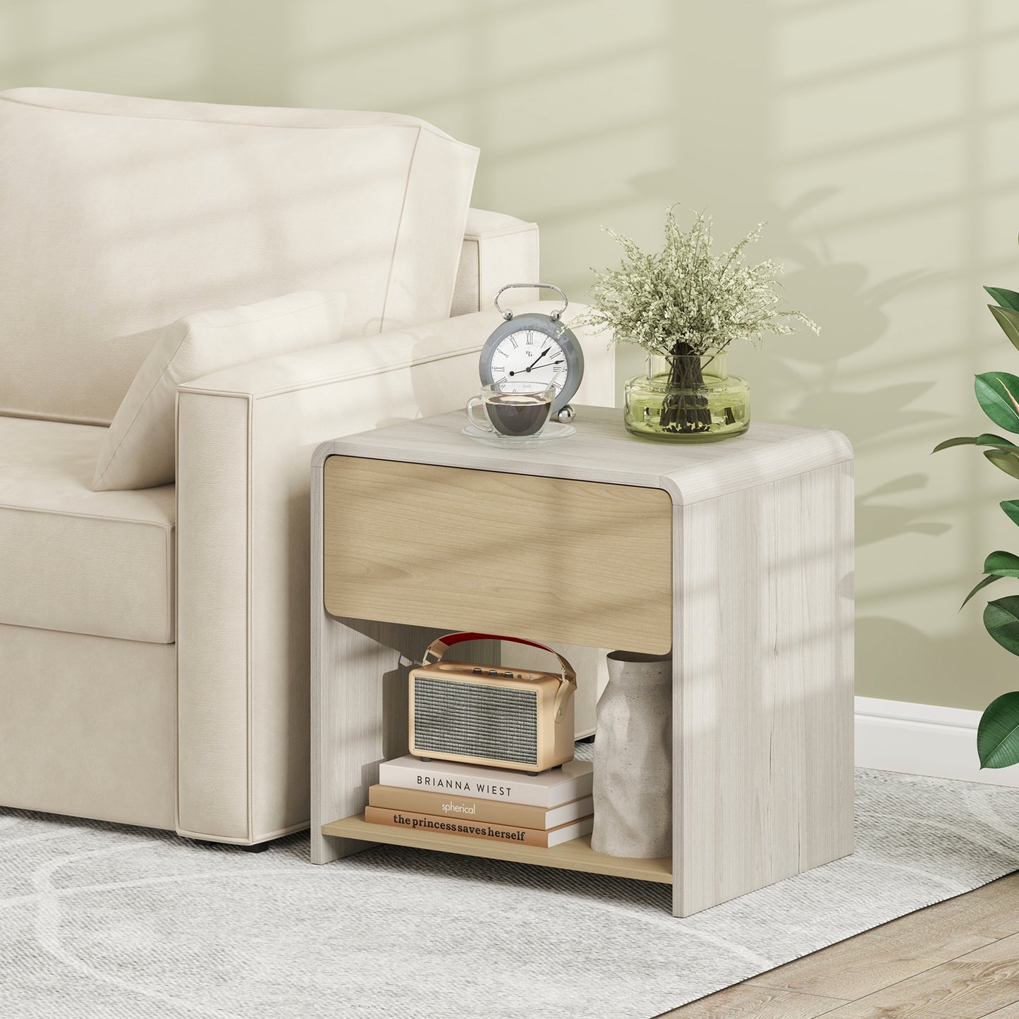 2-Tier Modern Style Nightstand with Drawer and Open Shelf-Oak Kids Crystal