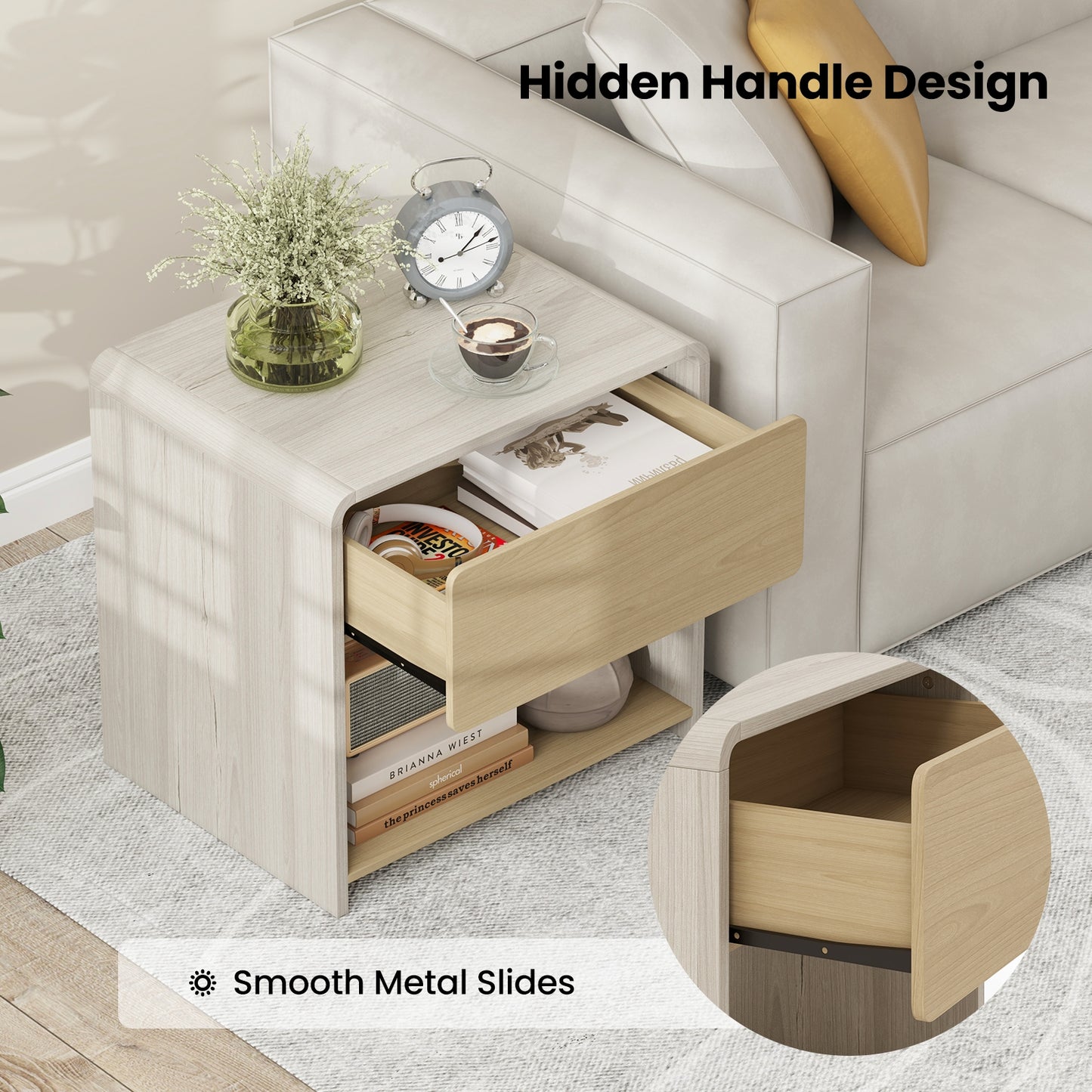 2-Tier Modern Style Nightstand with Drawer and Open Shelf-Oak Kids Crystal