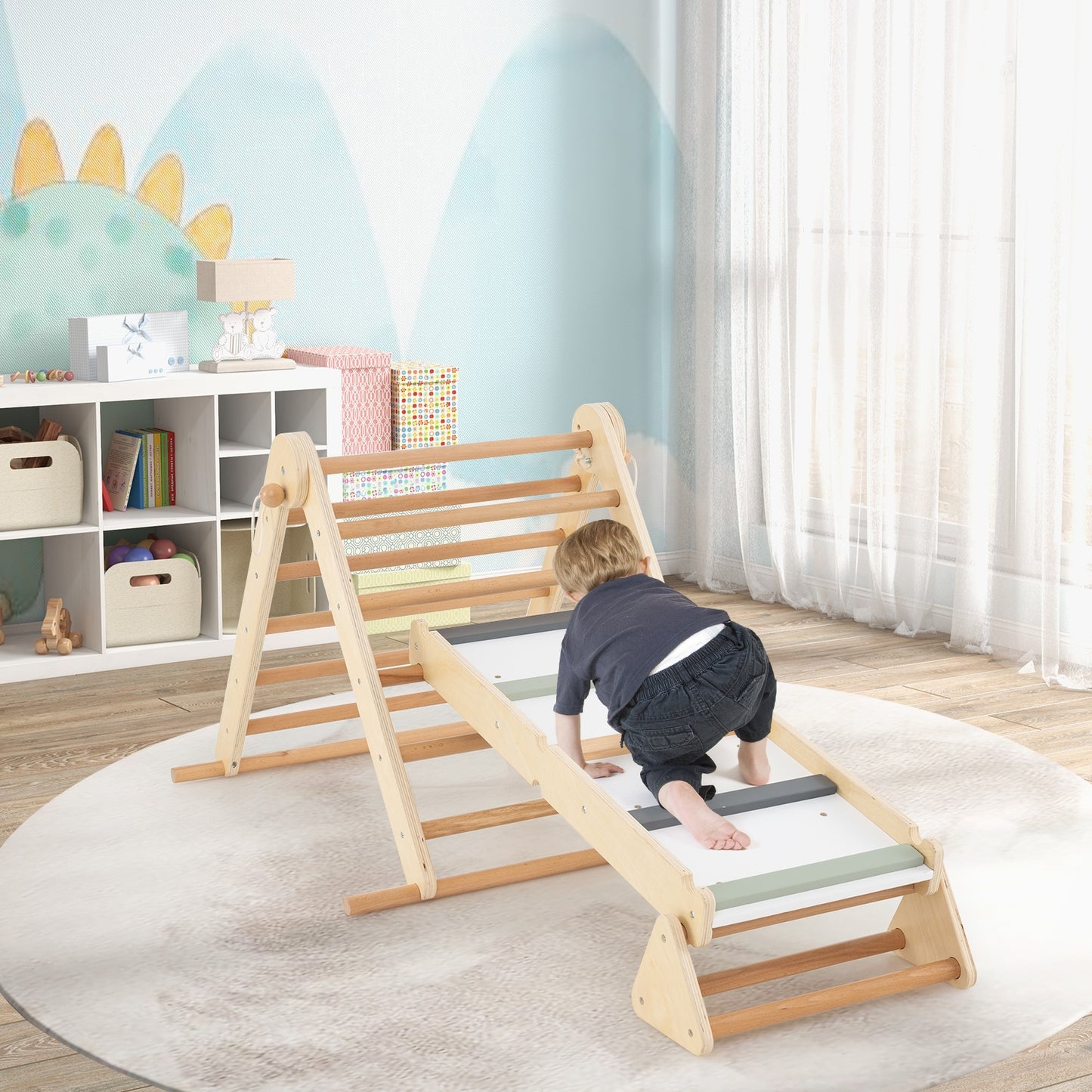 3-in-1 Pikler Triangle Climbing Set Kids Foldable Montessori Toys with Ramp-Natural Kids Crystal