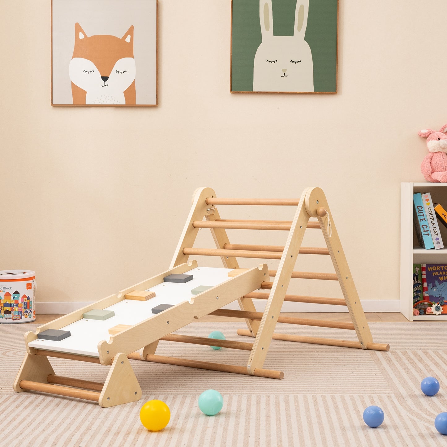 3-in-1 Pikler Triangle Climbing Set Kids Foldable Montessori Toys with Ramp-Natural Kids Crystal