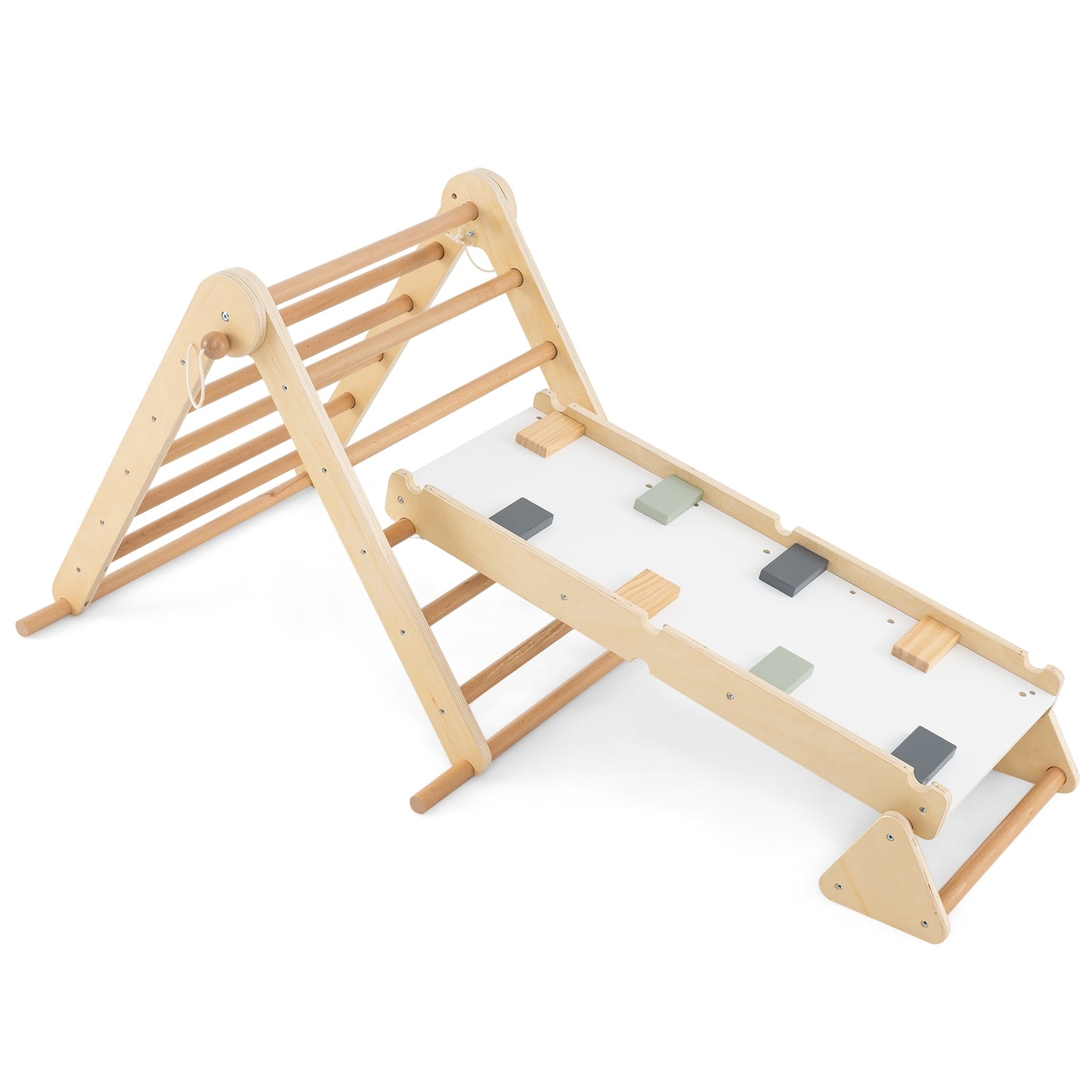 3-in-1 Pikler Triangle Climbing Set Kids Foldable Montessori Toys with Ramp-Natural Kids Crystal