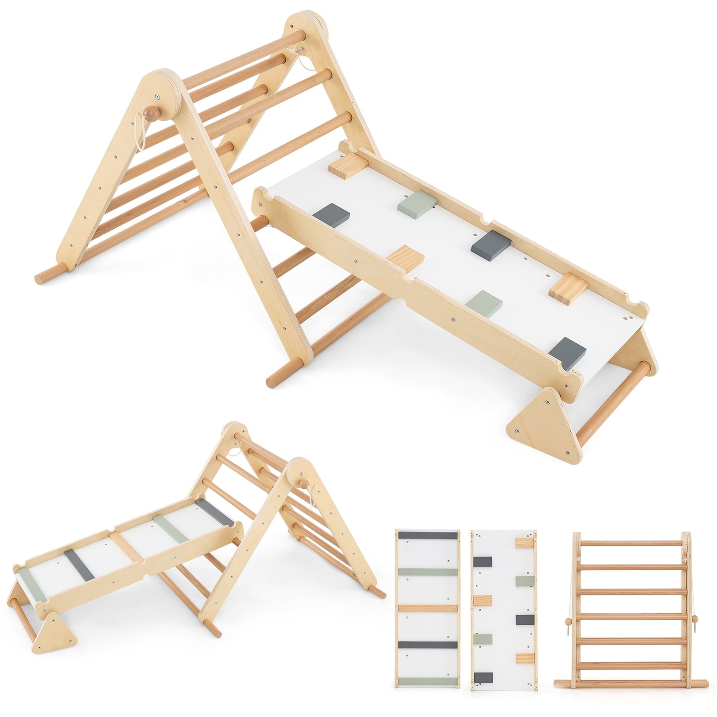 3-in-1 Pikler Triangle Climbing Set Kids Foldable Montessori Toys with Ramp-Natural Kids Crystal