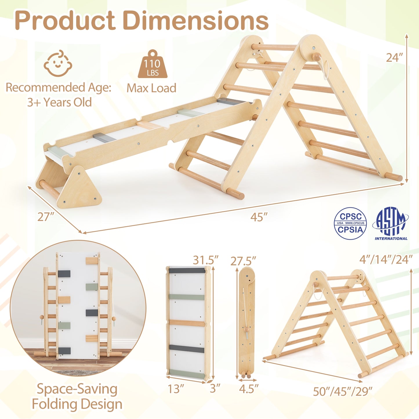 3-in-1 Pikler Triangle Climbing Set Kids Foldable Montessori Toys with Ramp-Natural Kids Crystal