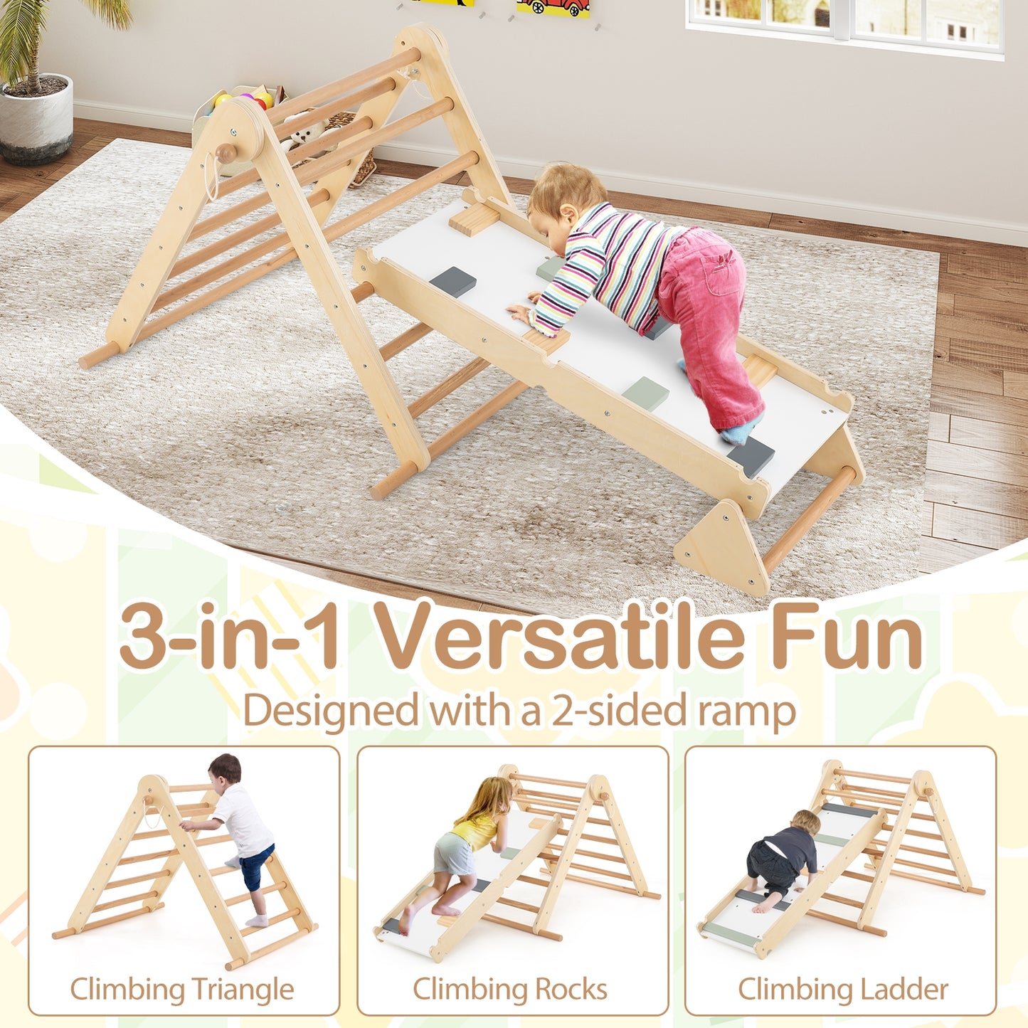 3-in-1 Pikler Triangle Climbing Set Kids Foldable Montessori Toys with Ramp-Natural Kids Crystal