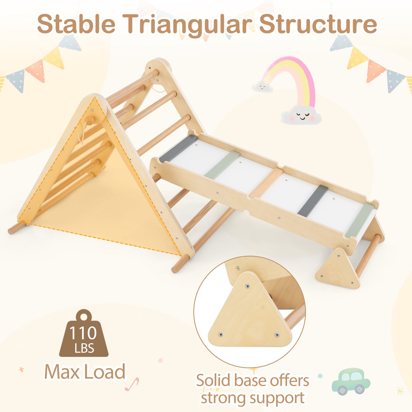 3-in-1 Pikler Triangle Climbing Set Kids Foldable Montessori Toys with Ramp-Natural Kids Crystal