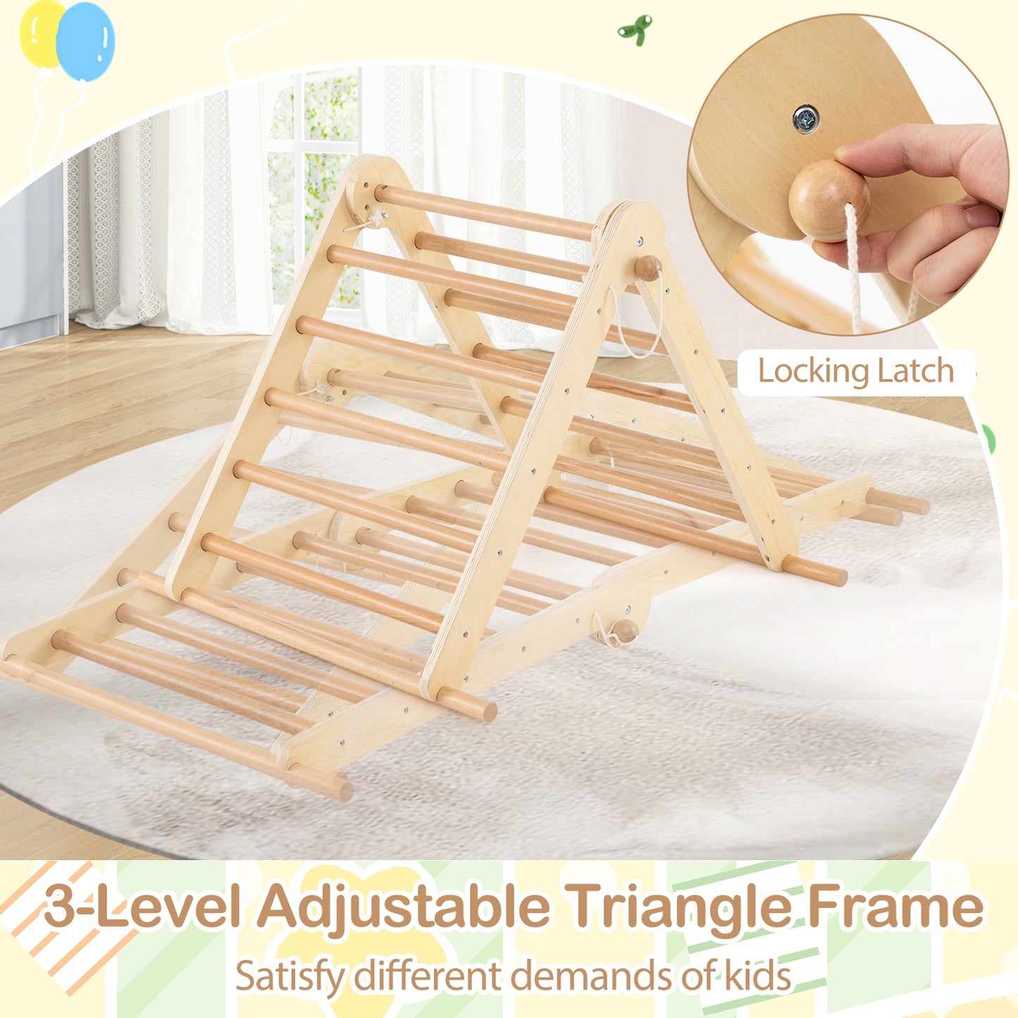 3-in-1 Pikler Triangle Climbing Set Kids Foldable Montessori Toys with Ramp-Natural Kids Crystal