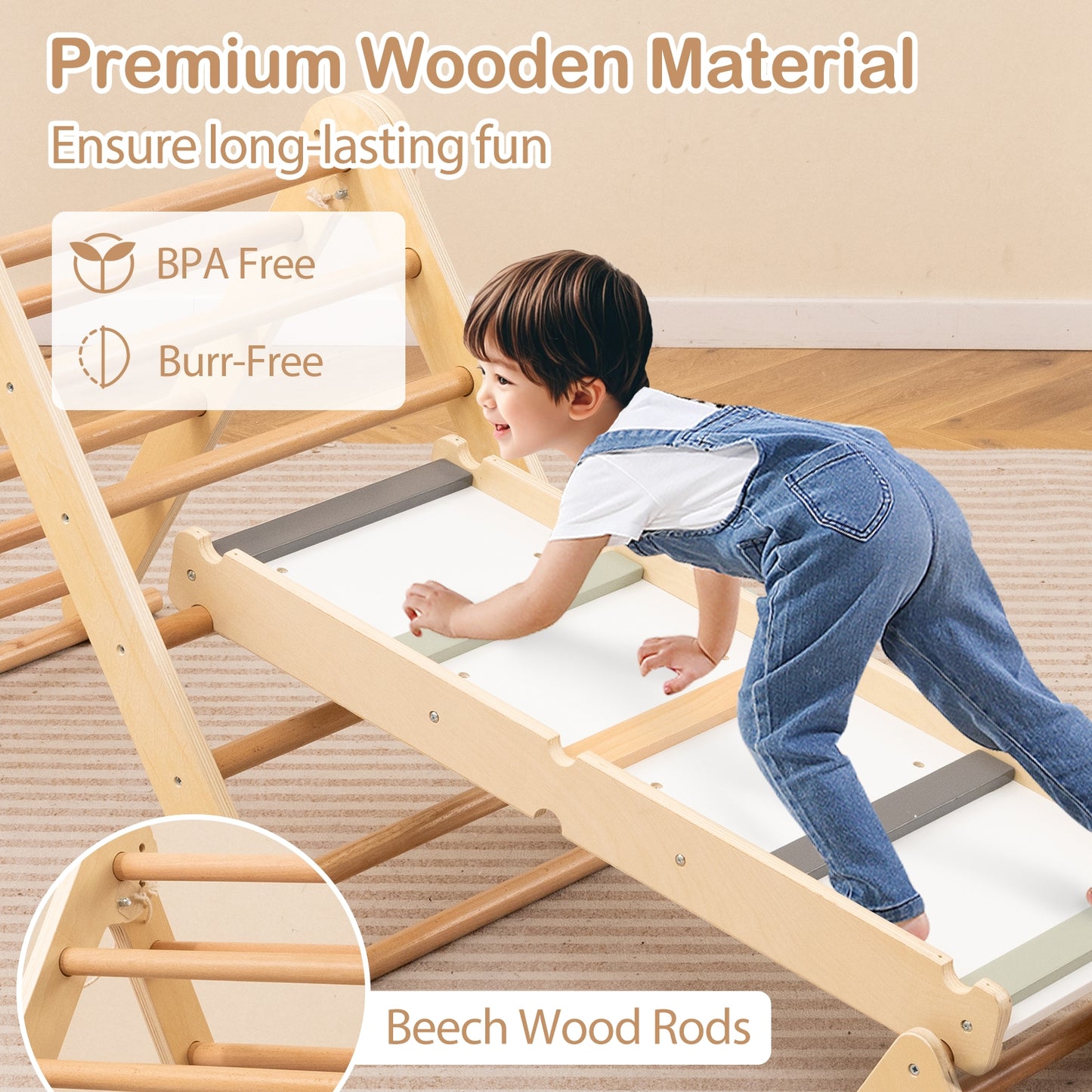 3-in-1 Pikler Triangle Climbing Set Kids Foldable Montessori Toys with Ramp-Natural Kids Crystal