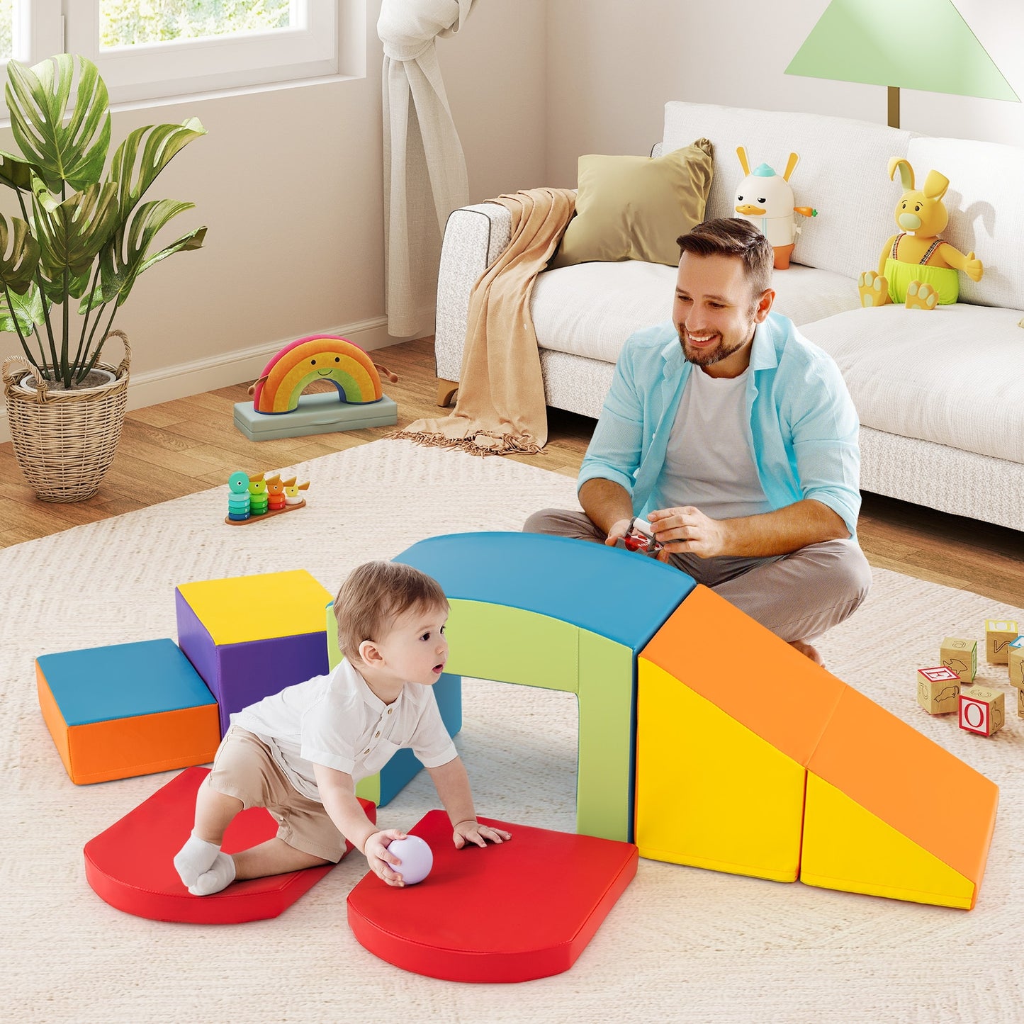 6 Pieces Foam Climbing Blocks Soft Play Climbing for Toddlers with Tunnel-Multicolor Kids Crystal