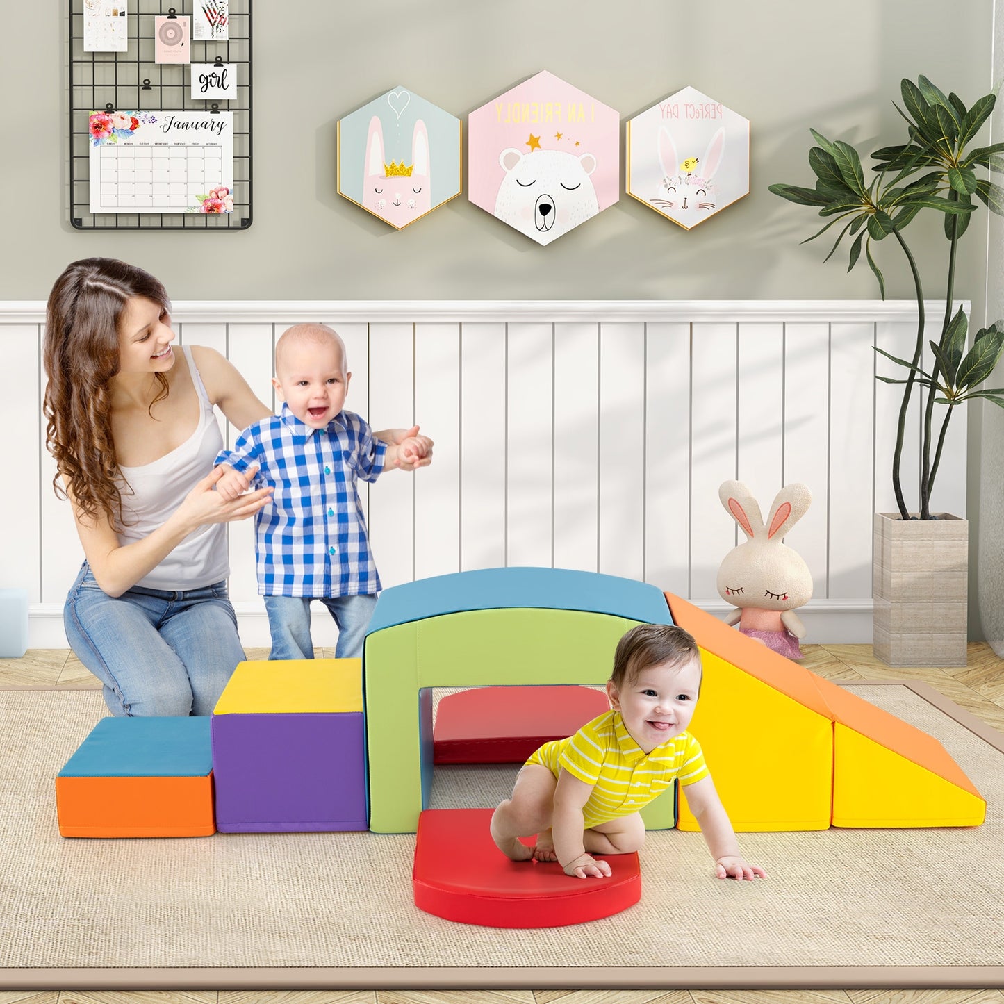6 Pieces Foam Climbing Blocks Soft Play Climbing for Toddlers with Tunnel-Multicolor Kids Crystal