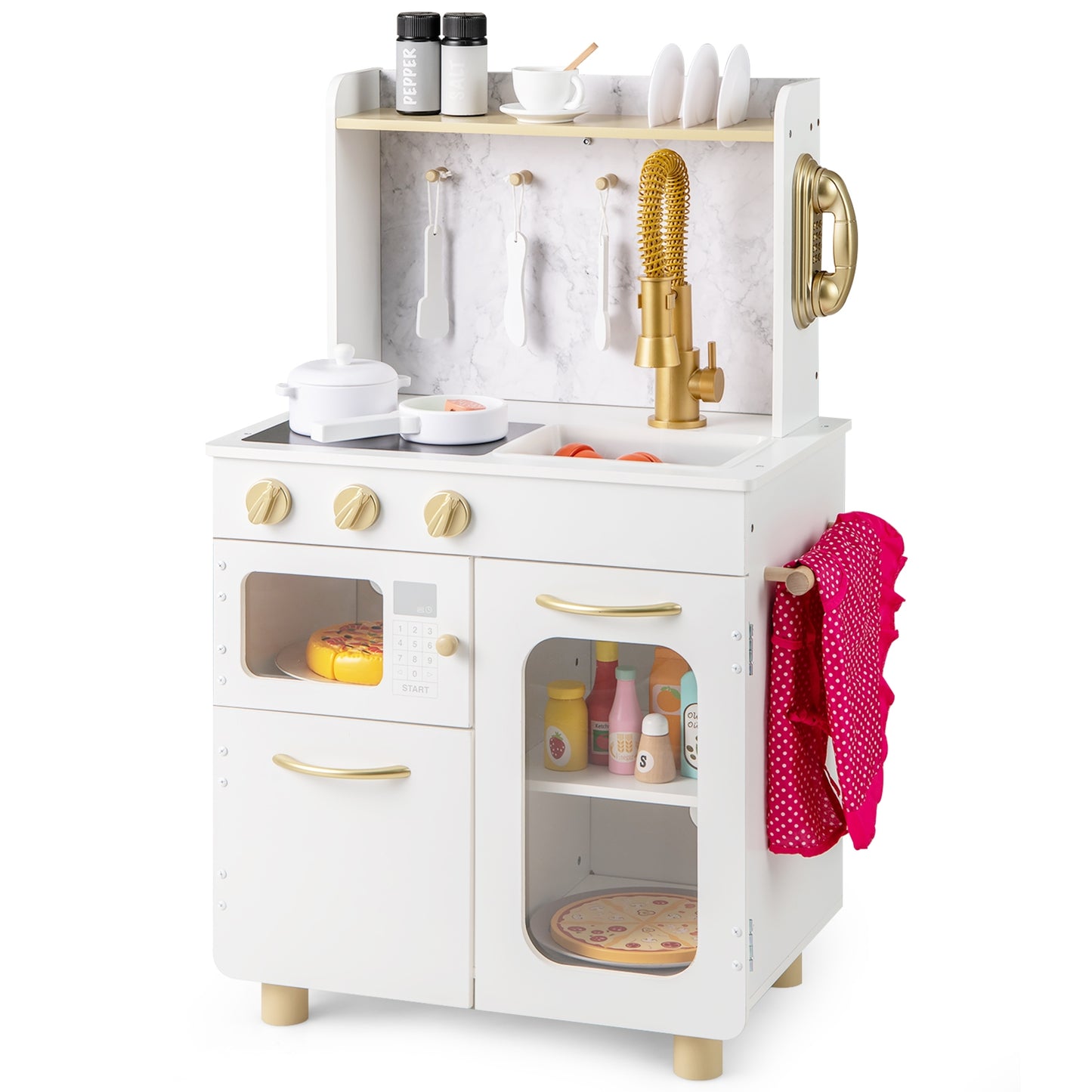 Kids Kitchen Set Pretend Play Kitchen with Stoves Faucet Sink Telephone Microwave and Oven-White Kids Crystal