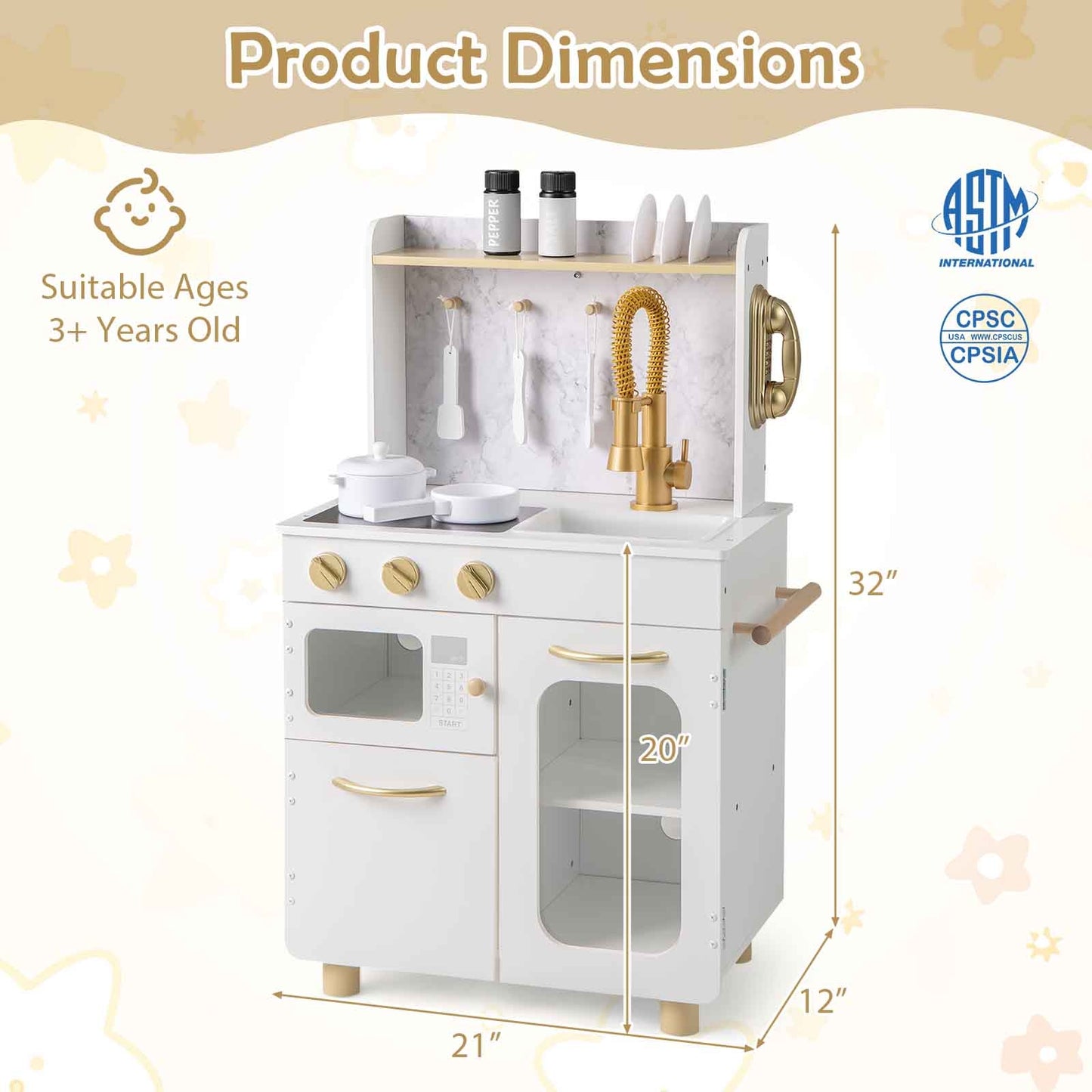 Kids Kitchen Set Pretend Play Kitchen with Stoves Faucet Sink Telephone Microwave and Oven-White Kids Crystal