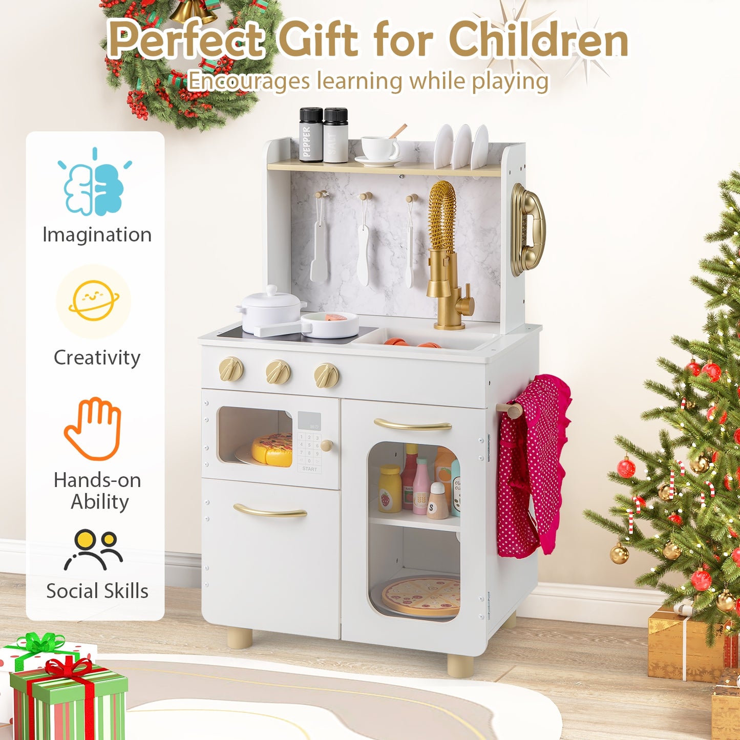 Kids Kitchen Set Pretend Play Kitchen with Stoves Faucet Sink Telephone Microwave and Oven-White Kids Crystal