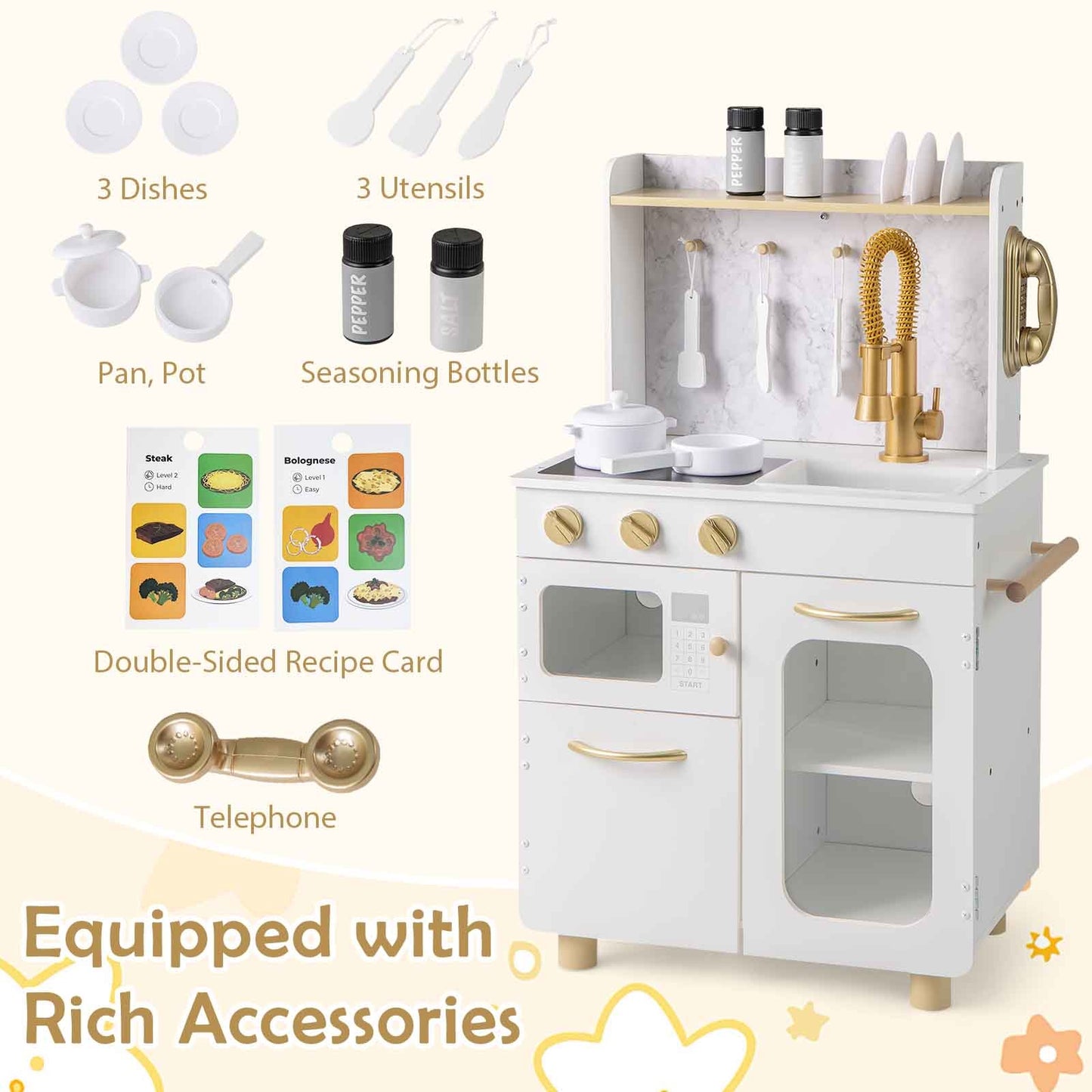 Kids Kitchen Set Pretend Play Kitchen with Stoves Faucet Sink Telephone Microwave and Oven-White Kids Crystal