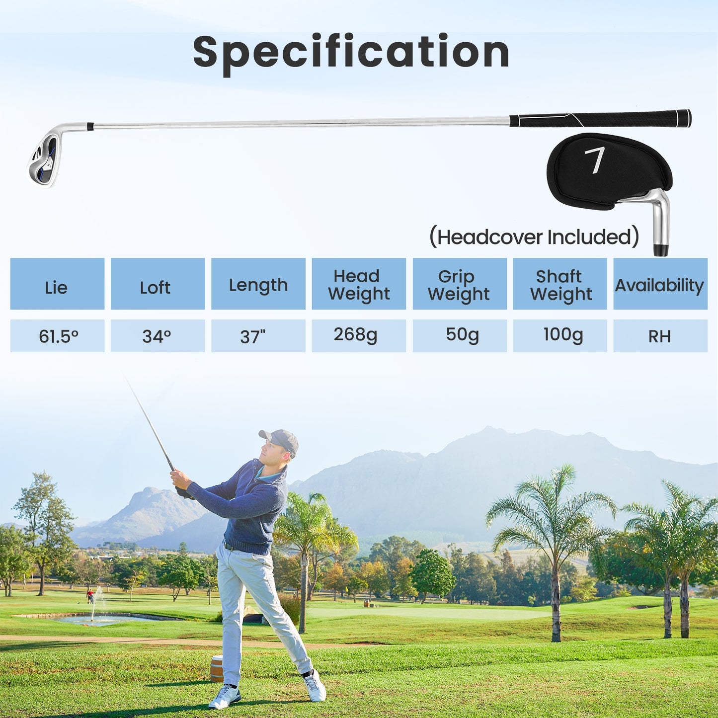 #7 Iron Single Golf Club for Men with Steel Shaft and Headcover Kids Crystal