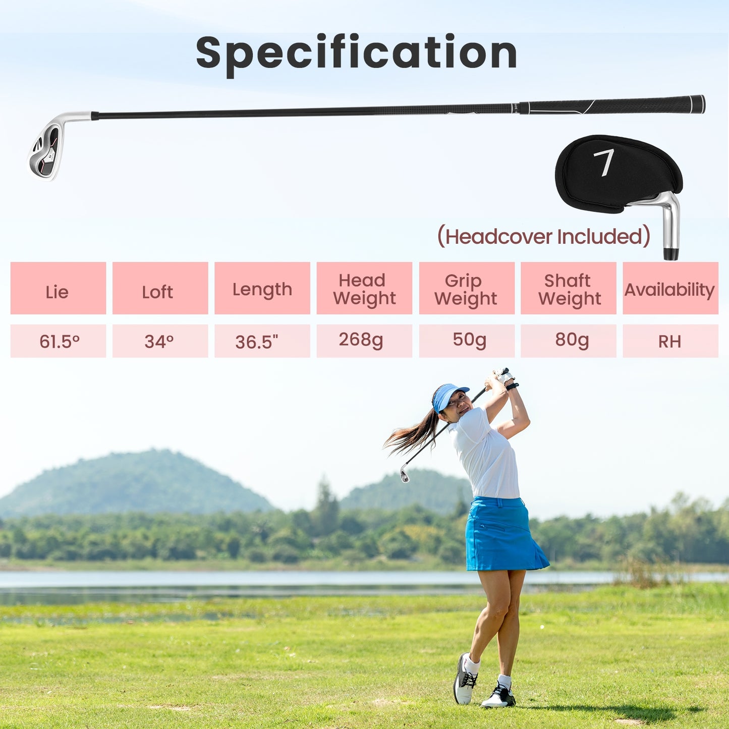 #7 Iron Single Golf Club for Women with Graphite Shaft and Headcover Kids Crystal