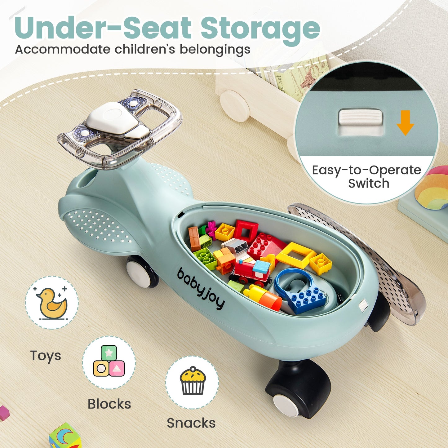 Wiggle Car with Hauling Rope Ride on Toy with Under-Seat Storage-Green Kids Crystal