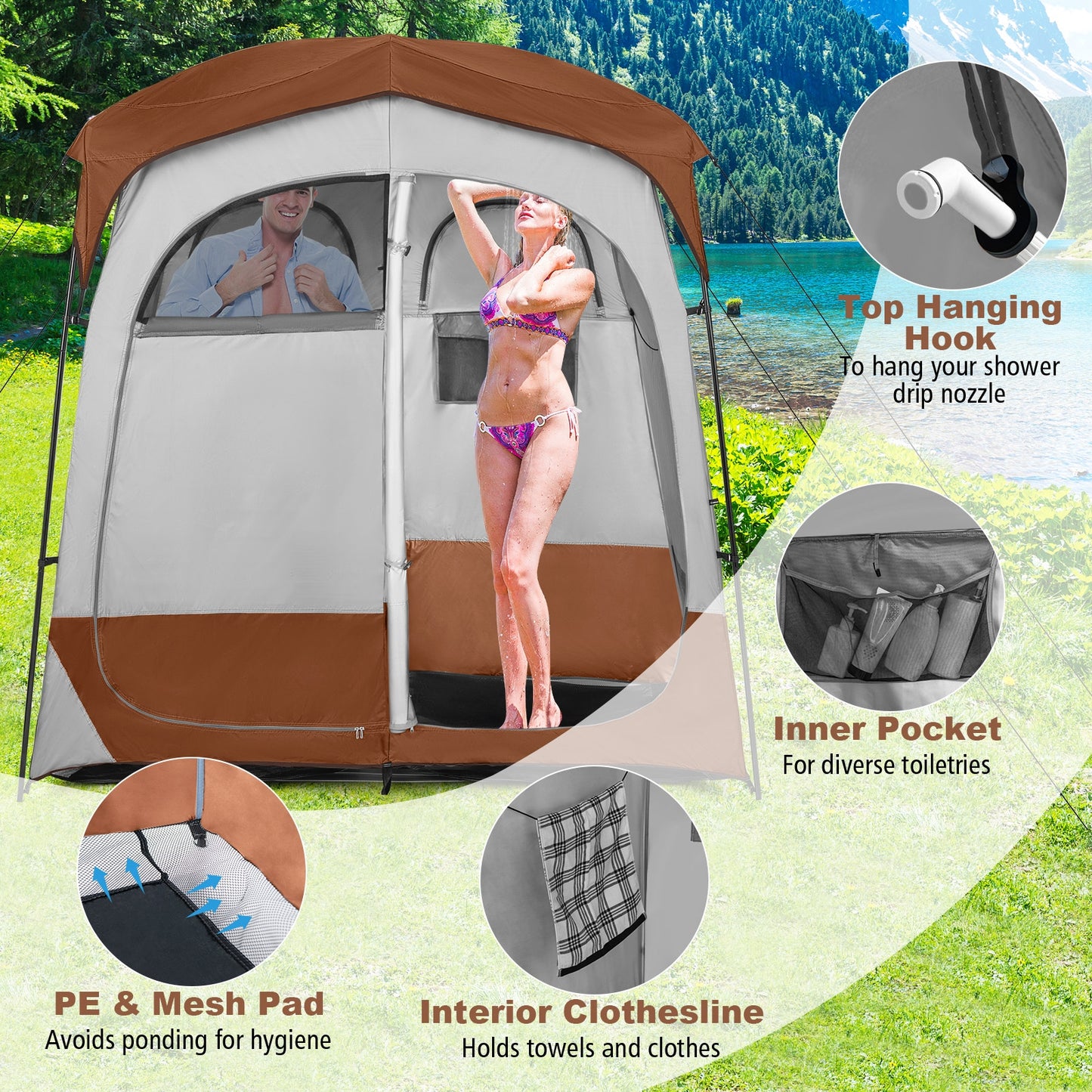 2 Rooms Oversize Privacy Shower Tent with Removable Rain Fly and Inside Pocket-Brown Kids Crystal