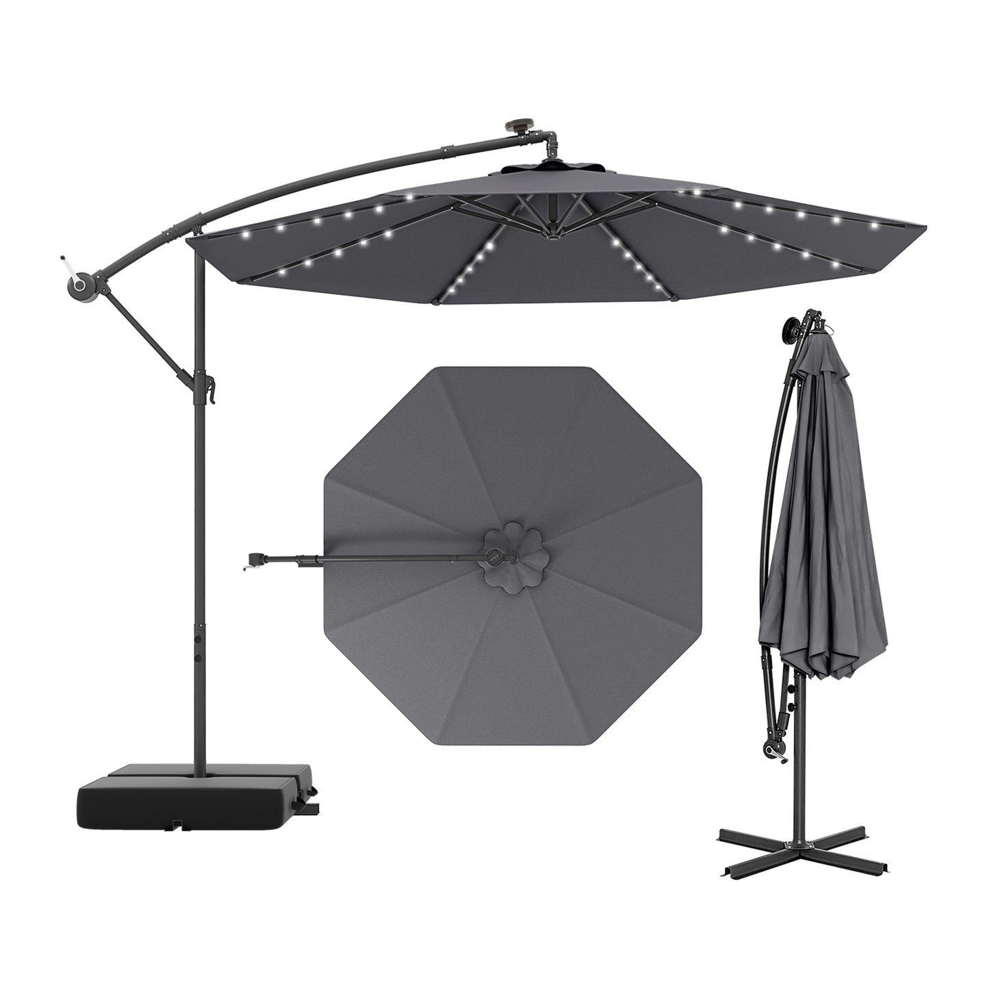 10 Ft Patio Umbrella Offset Cantilever Umbrella with 40 Solar Powered Lights-Gray Kids Crystal