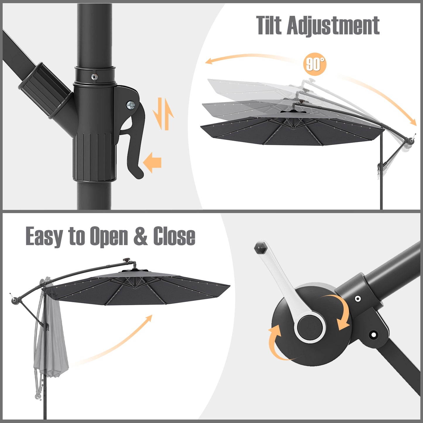 10 Ft Patio Umbrella Offset Cantilever Umbrella with 40 Solar Powered Lights-Gray Kids Crystal