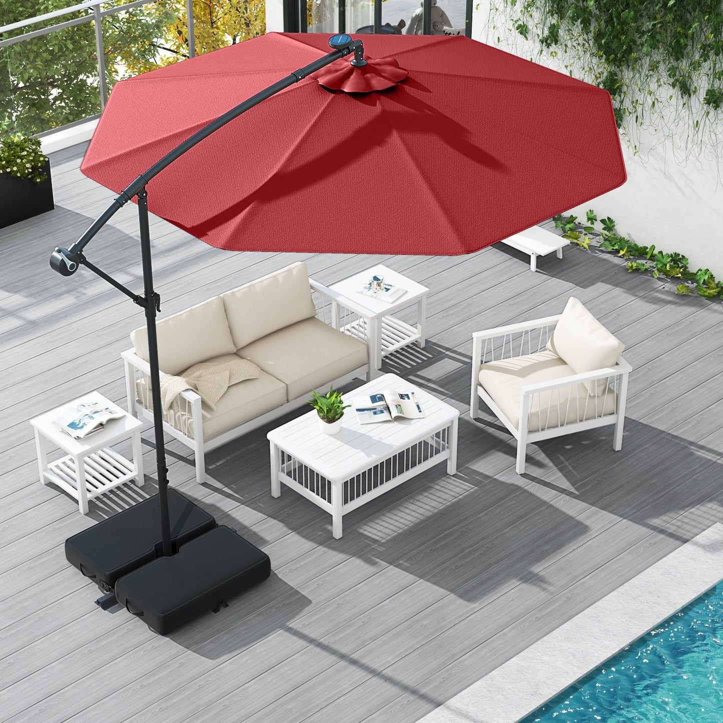 10 Ft Patio Umbrella Offset Cantilever Umbrella with 40 Solar Powered Lights-Red Kids Crystal