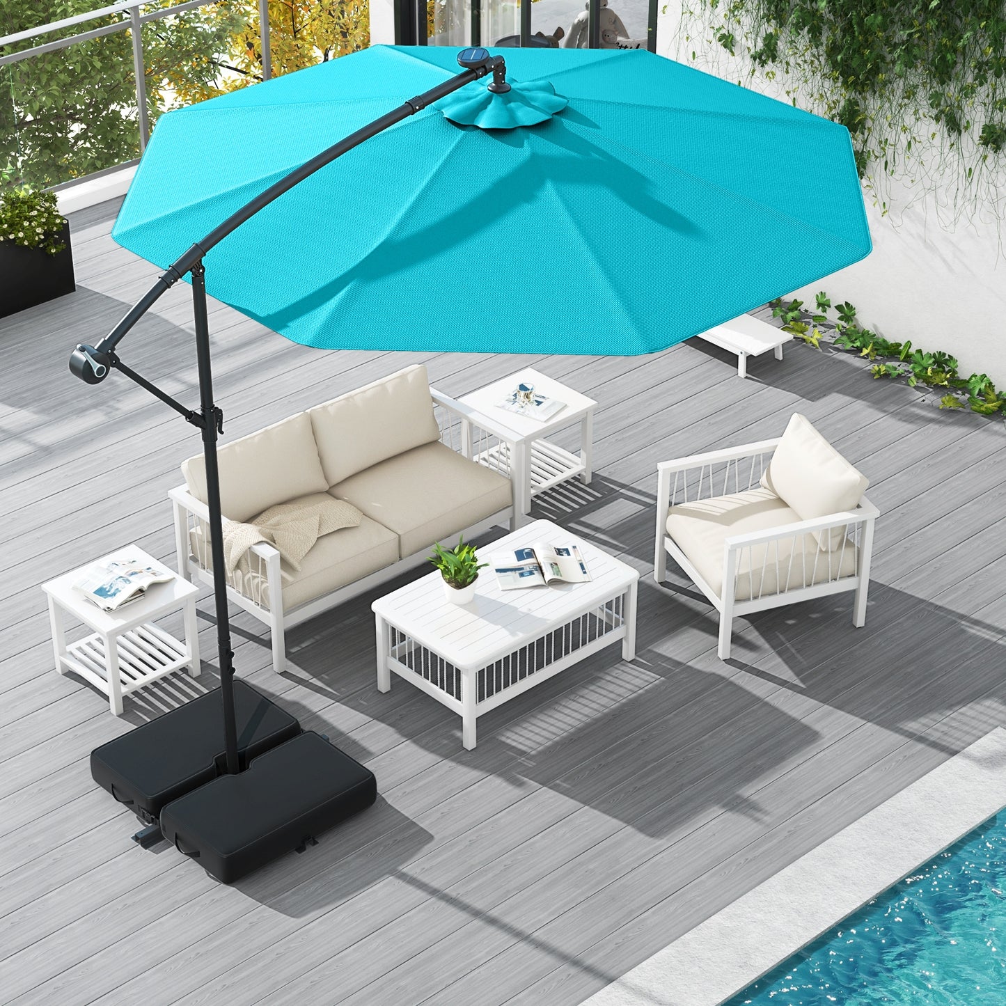 10 Ft Patio Umbrella Offset Cantilever Umbrella with 40 Solar Powered Lights-Turquoise Kids Crystal