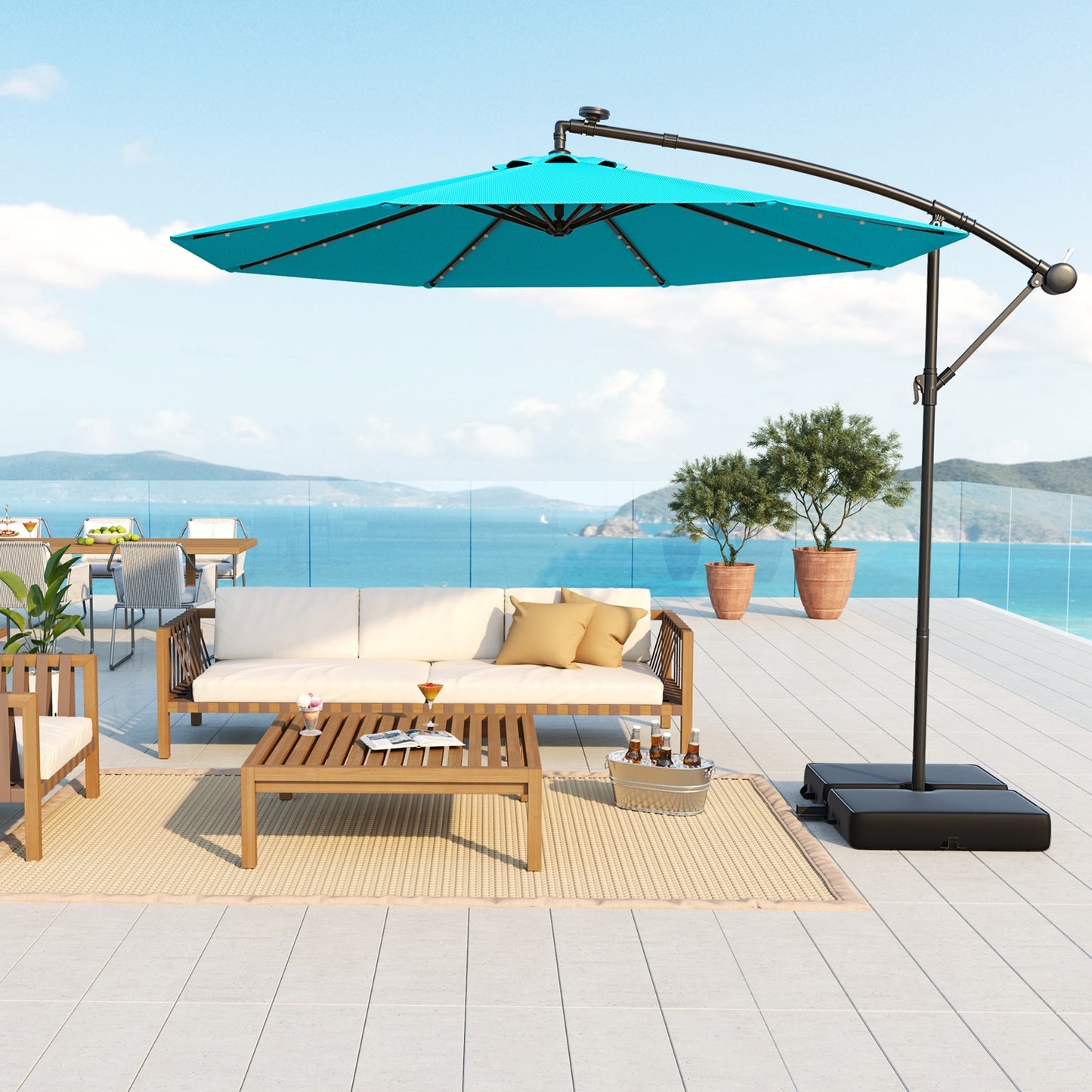 10 Ft Patio Umbrella Offset Cantilever Umbrella with 40 Solar Powered Lights-Turquoise Kids Crystal
