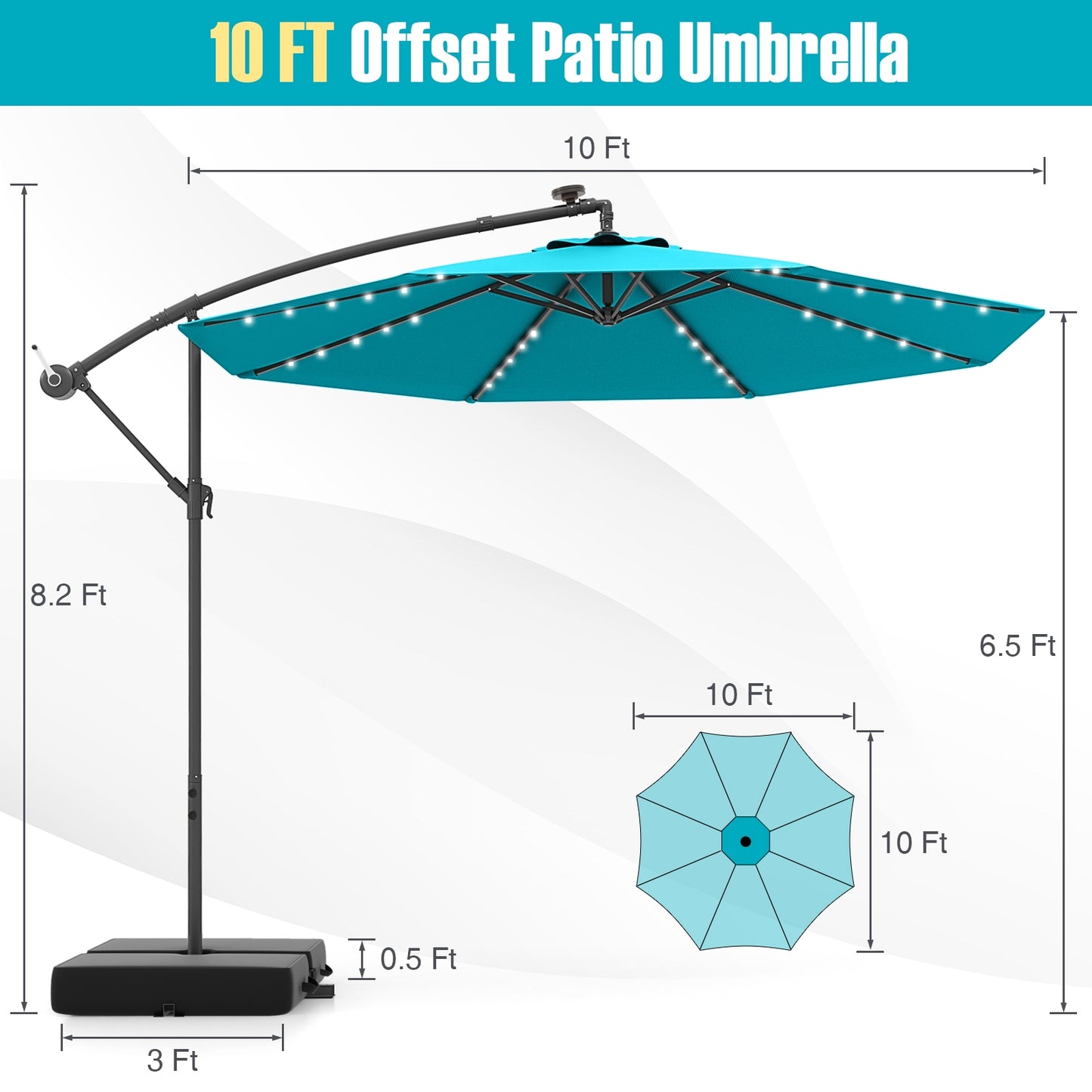 10 Ft Patio Umbrella Offset Cantilever Umbrella with 40 Solar Powered Lights-Turquoise Kids Crystal