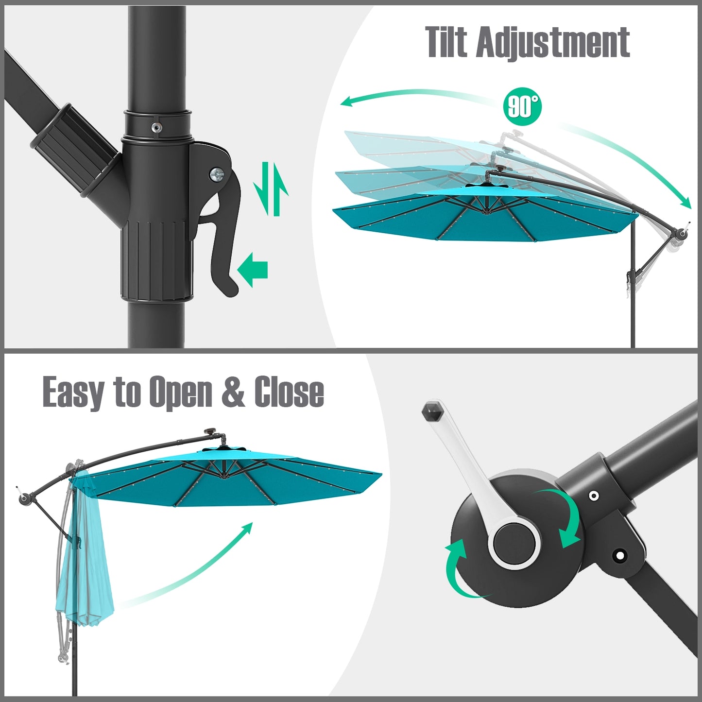 10 Ft Patio Umbrella Offset Cantilever Umbrella with 40 Solar Powered Lights-Turquoise Kids Crystal