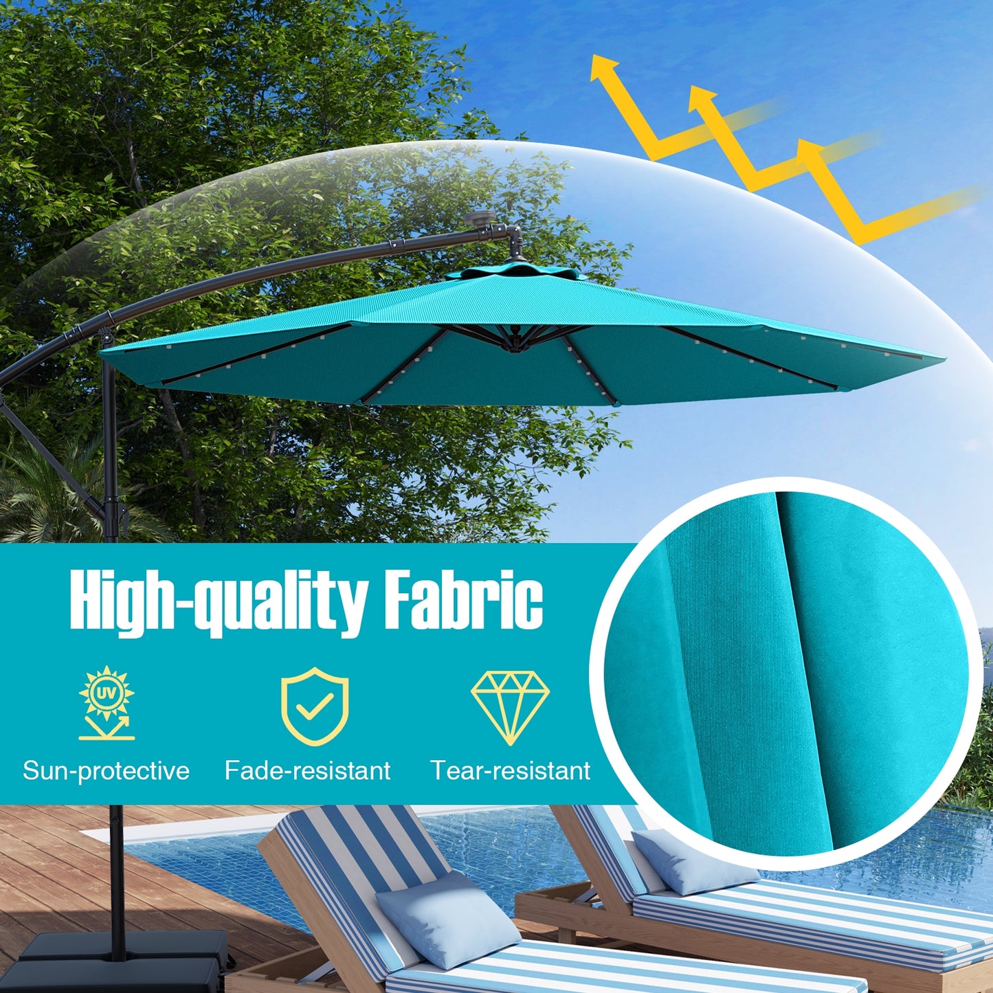 10 Ft Patio Umbrella Offset Cantilever Umbrella with 40 Solar Powered Lights-Turquoise Kids Crystal