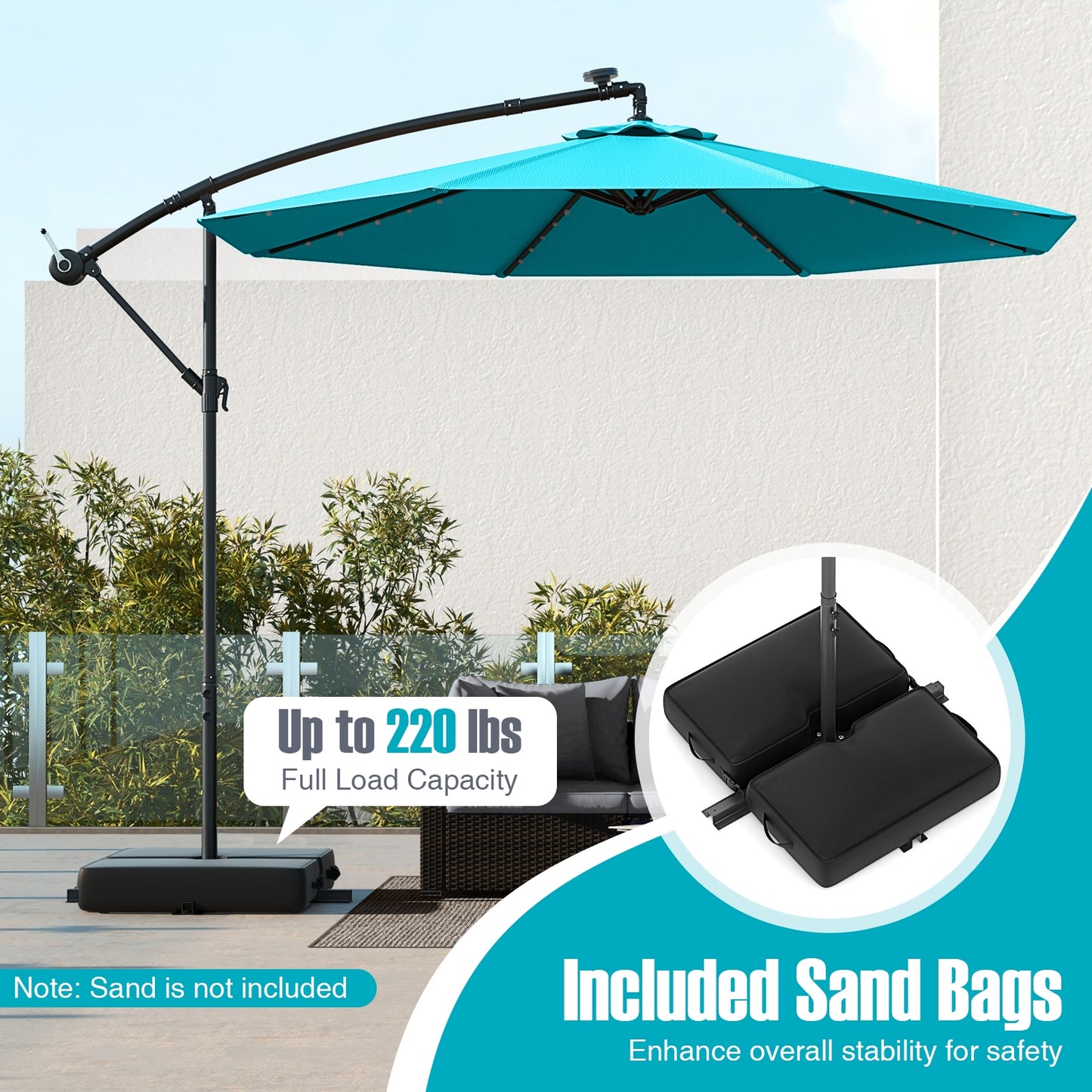 10 Ft Patio Umbrella Offset Cantilever Umbrella with 40 Solar Powered Lights-Turquoise Kids Crystal
