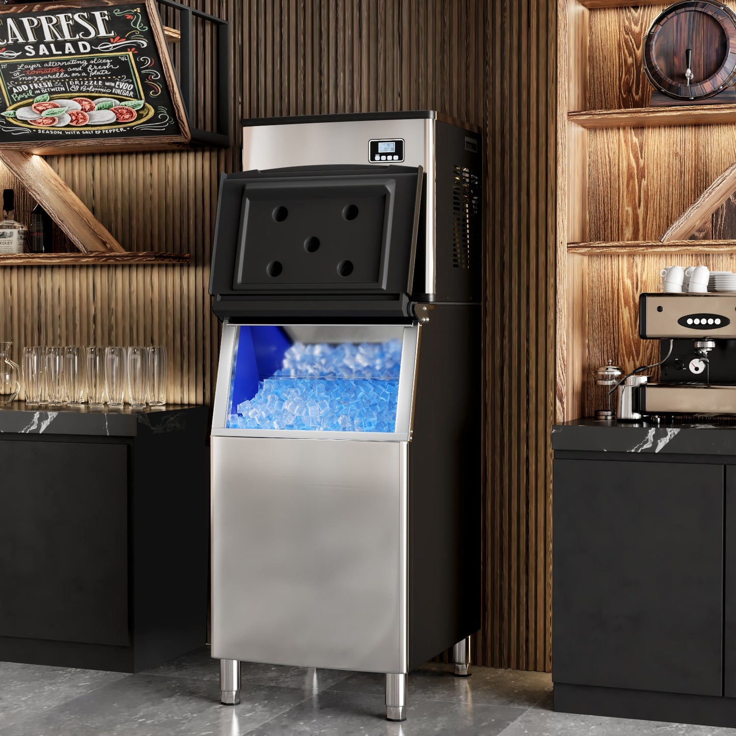 Commercial Ice Maker Machine 418 LBS/24H with 200 LBS Storage Bin-Silver Kids Crystal