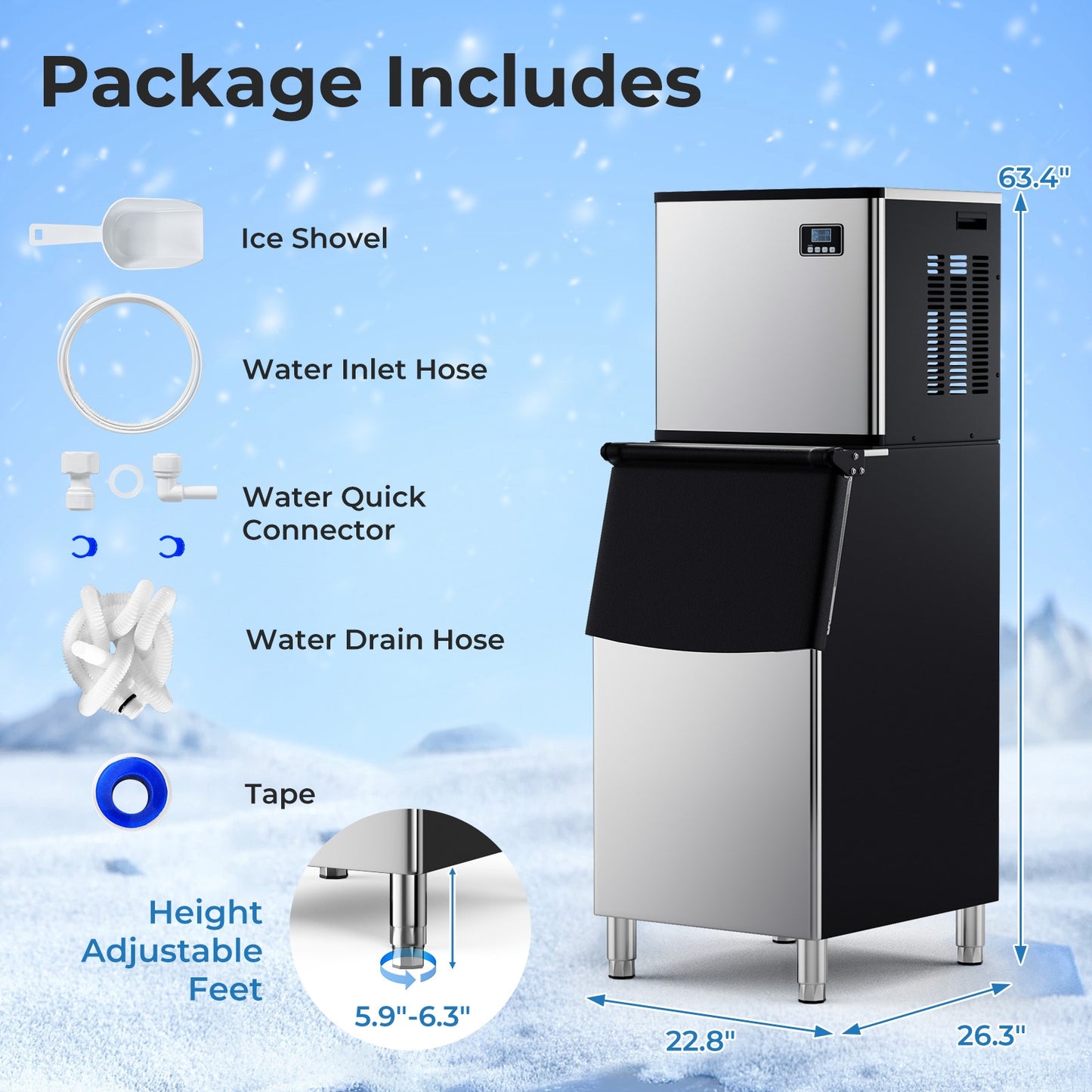 Commercial Ice Maker Machine 418 LBS/24H with 200 LBS Storage Bin-Silver Kids Crystal