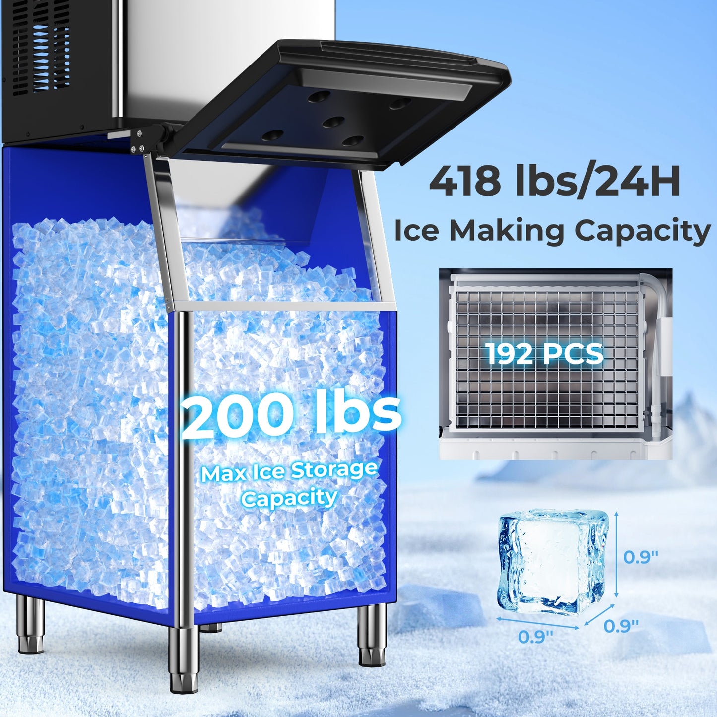 Commercial Ice Maker Machine 418 LBS/24H with 200 LBS Storage Bin-Silver Kids Crystal