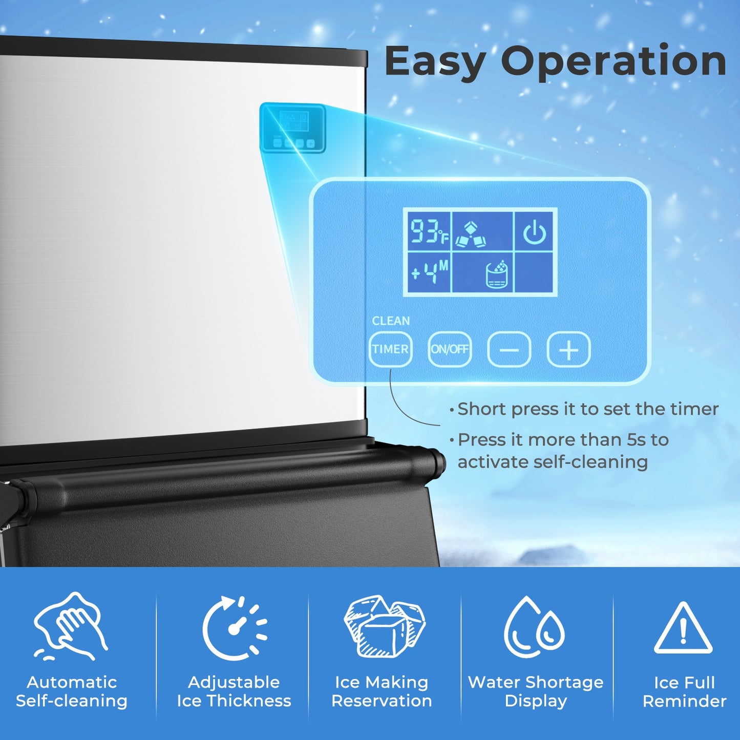 Commercial Ice Maker Machine 418 LBS/24H with 200 LBS Storage Bin-Silver Kids Crystal