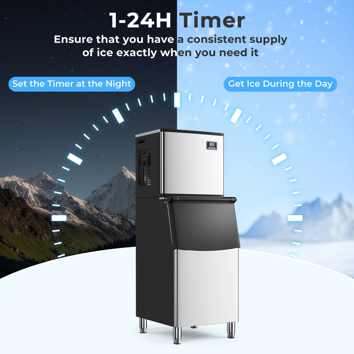 Commercial Ice Maker Machine 418 LBS/24H with 200 LBS Storage Bin-Silver Kids Crystal