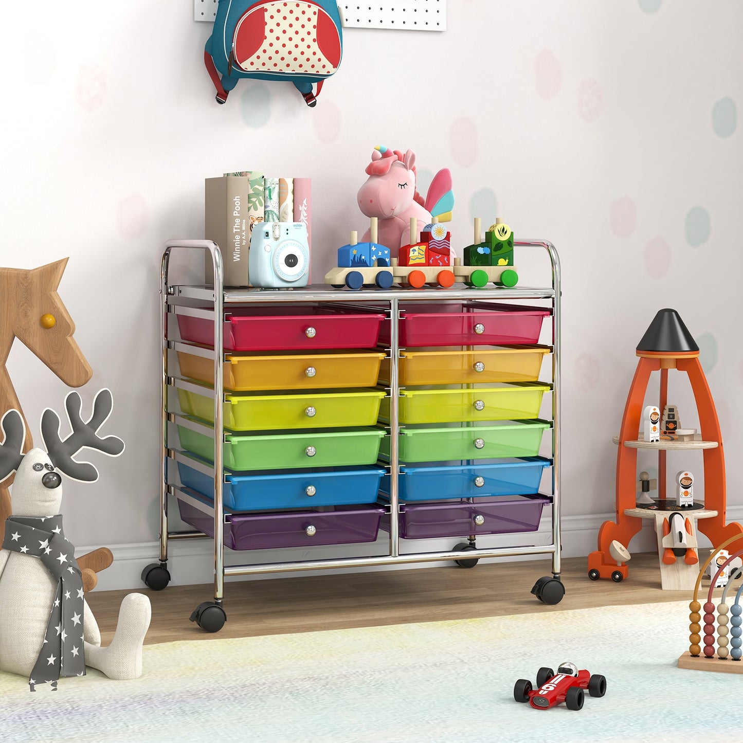12 Drawers Rolling Storage Cart for Home and Office-Transparent Multicolor Kids Crystal