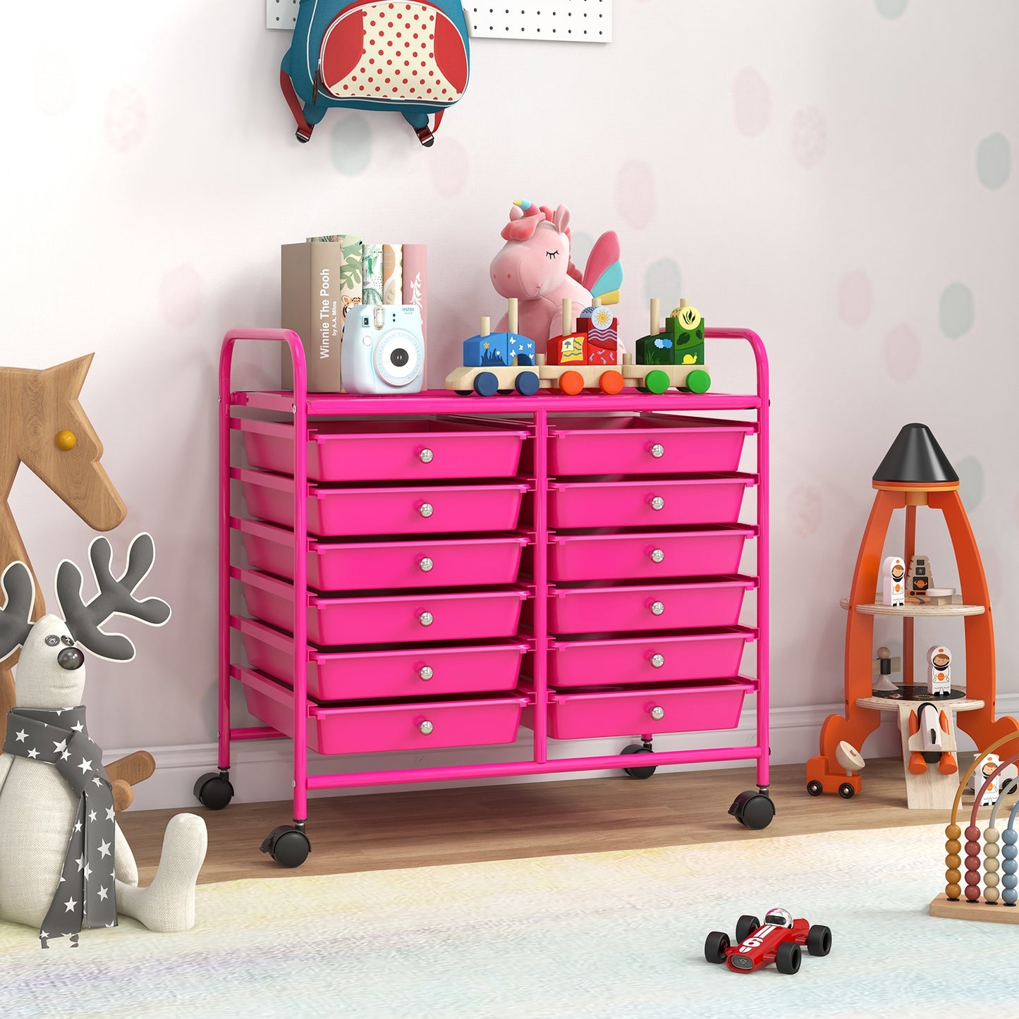 12 Drawers Rolling Storage Cart for Home and Office-Hot Pink Kids Crystal