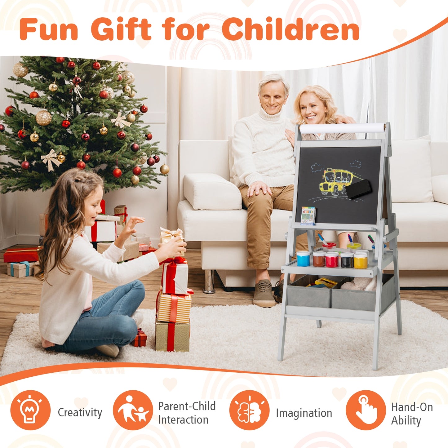 3-in-1 Art Easel for Kids with Magnetic Chalkboard and Whiteboard-Gray Kids Crystal