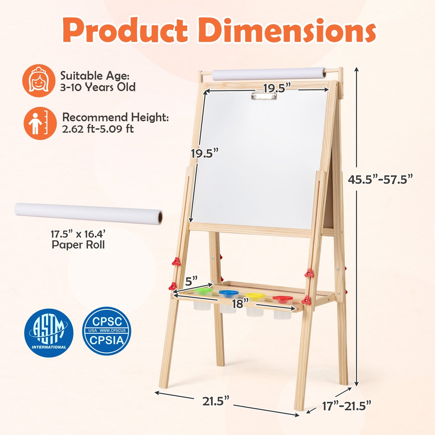 Adjustable Double-sided Easel with 4 Paint Cups-Natutral Kids Crystal