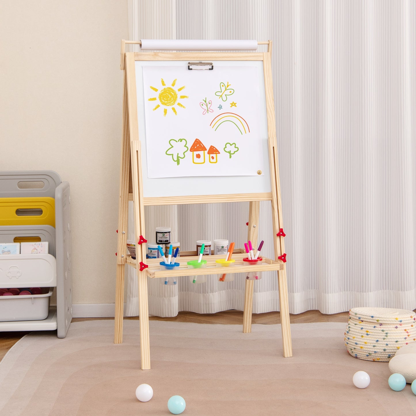 Adjustable Double-sided Easel with 4 Paint Cups-Natutral Kids Crystal