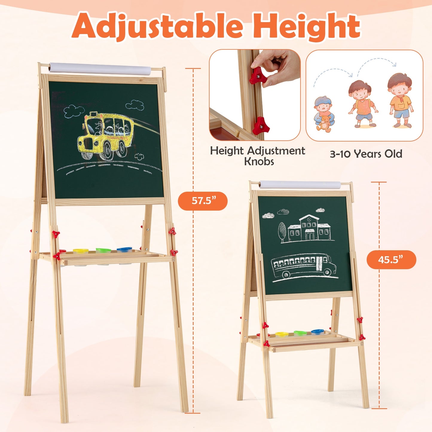 Adjustable Double-sided Easel with 4 Paint Cups-Natutral Kids Crystal