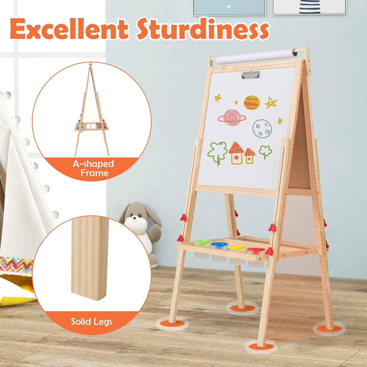 Adjustable Double-sided Easel with 4 Paint Cups-Natutral Kids Crystal