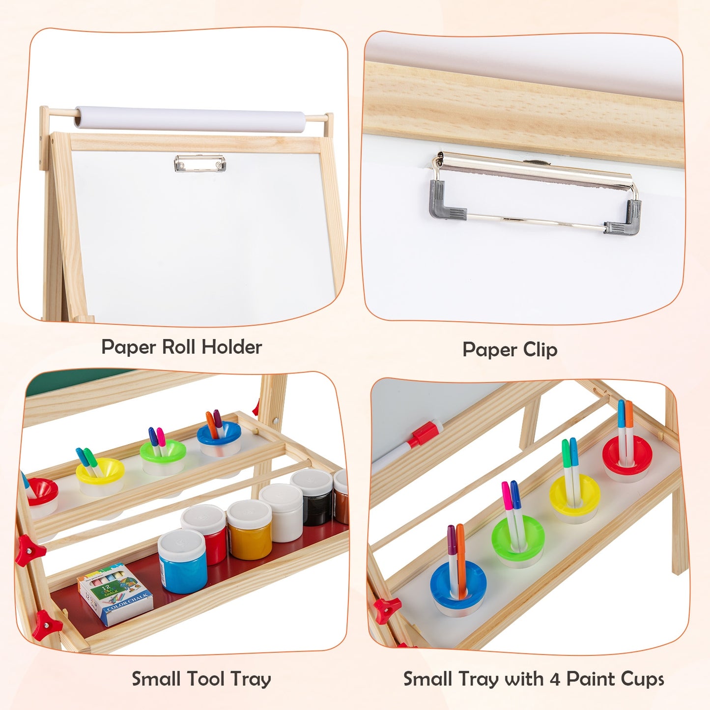 Adjustable Double-sided Easel with 4 Paint Cups-Natutral Kids Crystal