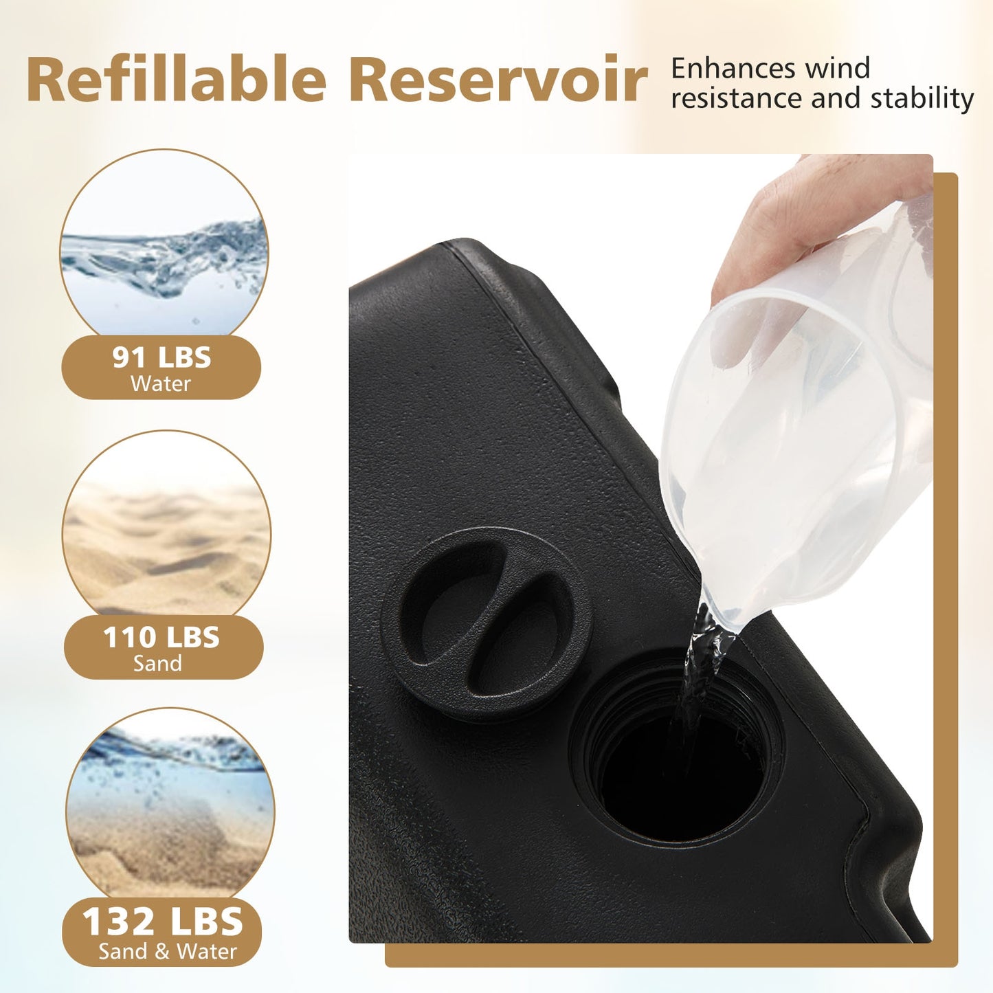 Mobile Patio Umbrella Base Water Sand Fillable Market Table Umbrella Stand with 3 Wheels-Black