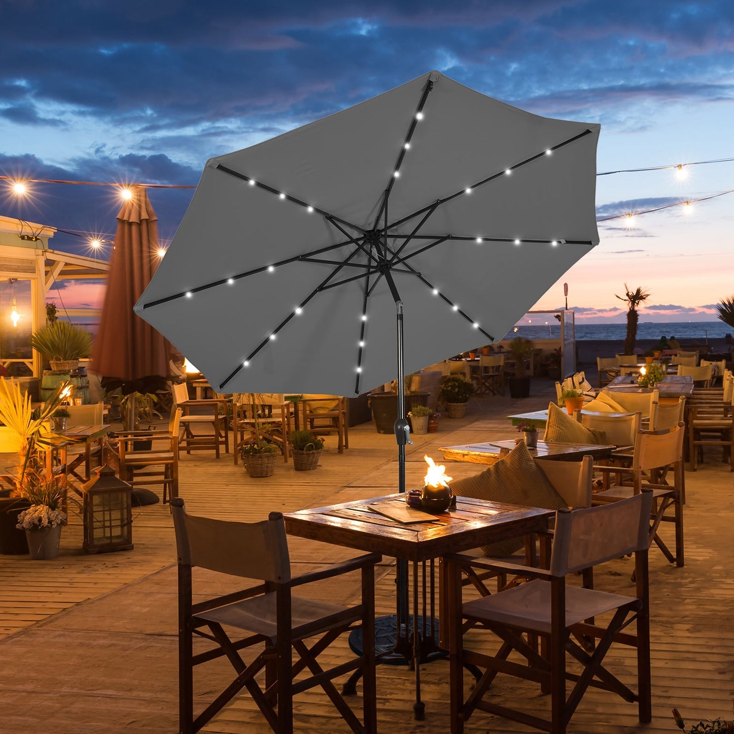 10 Feet Outdoor Patio Umbrella with Bright Solar LED Lights-Gray Kids Crystal